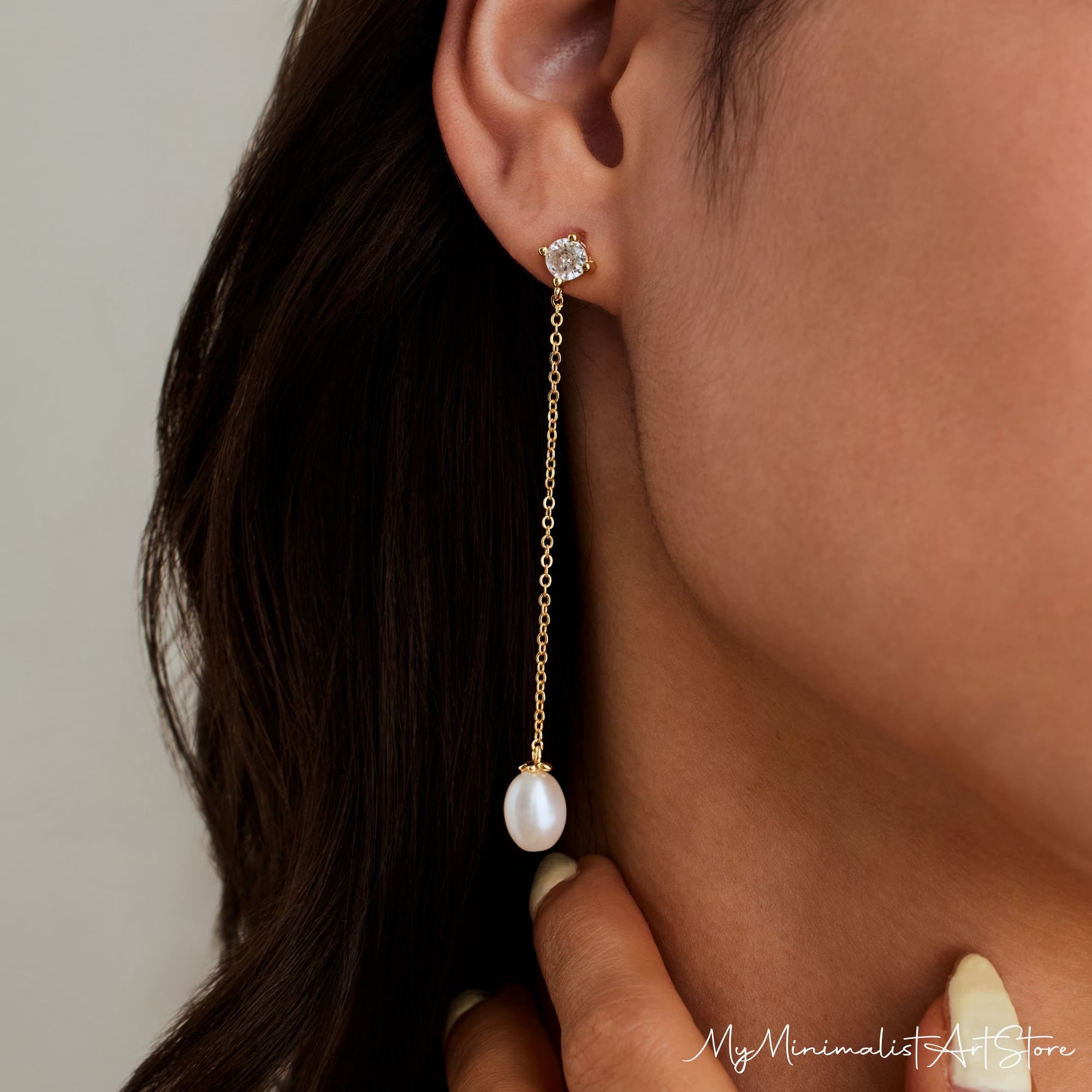 Dainty Pearl Drop Earrings with Diamond, Gold Dangle Earrings, Bridal Earrings, Long Pearl Earrings, Wedding Jewelry,Bridesmaid Gift for Her