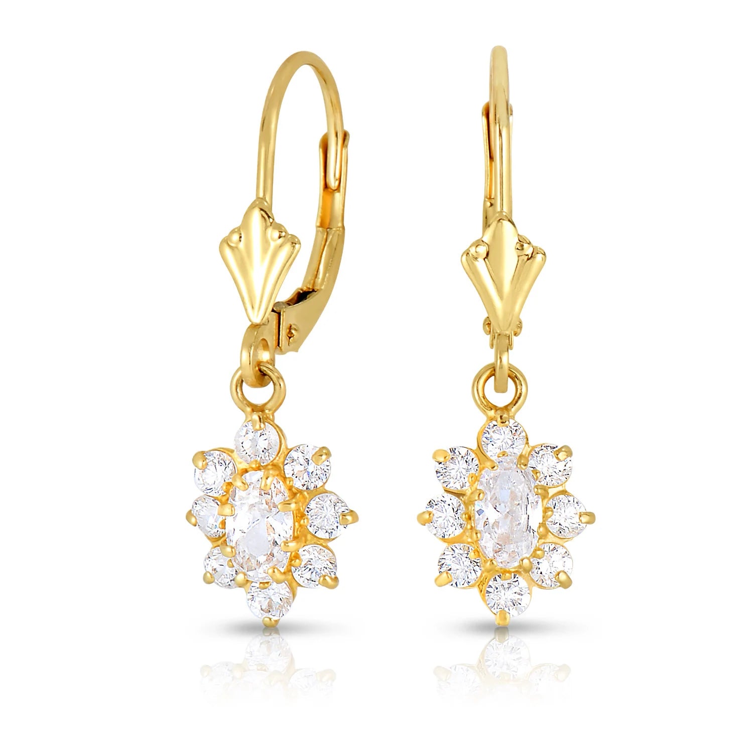 14K Yellow Gold Flower Dangle Earrings with Leverbacks, Diamond April Birthstone, 1 Inch Tall, Fancy Drop Earrings, by TILO Jewelry