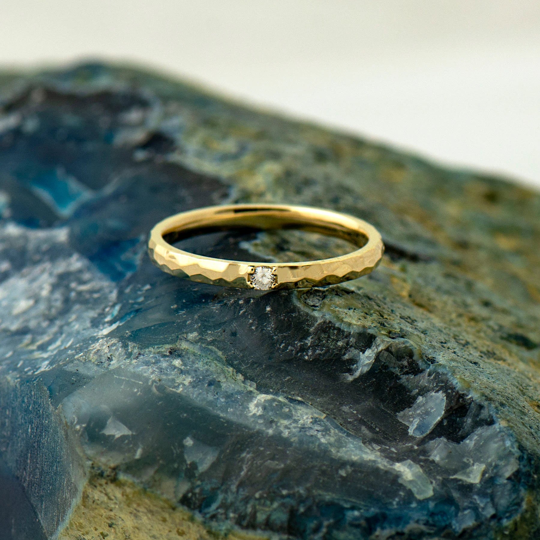 2 Mm Hammered Textured Ring, Single Diamond Ring, 14K / 18K Yellow Gold, Stack Diamond Band, Tiny Diamond Ring, Wedding Band, Promise Ring