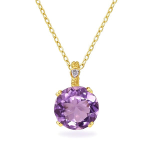 Stunning 14K Yellow Gold Amethyst & Diamond Pendant Necklace.
