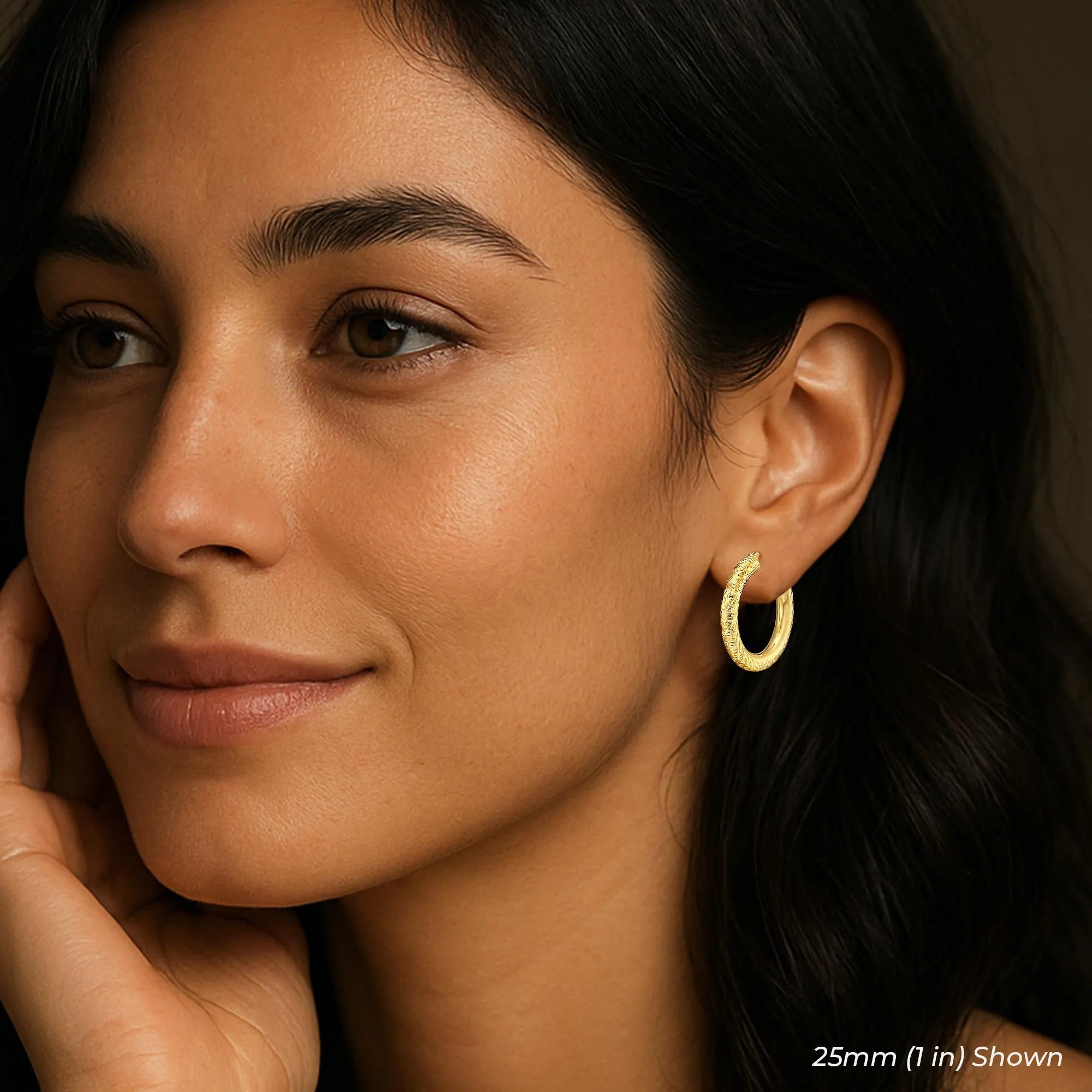 14K Yellow Gold Tornado Hoop Earrings, Bold 4Mm Chunky Gold Hoops, TILO Special Hand Engraved Designer Hoops, 1 Inch Hoops