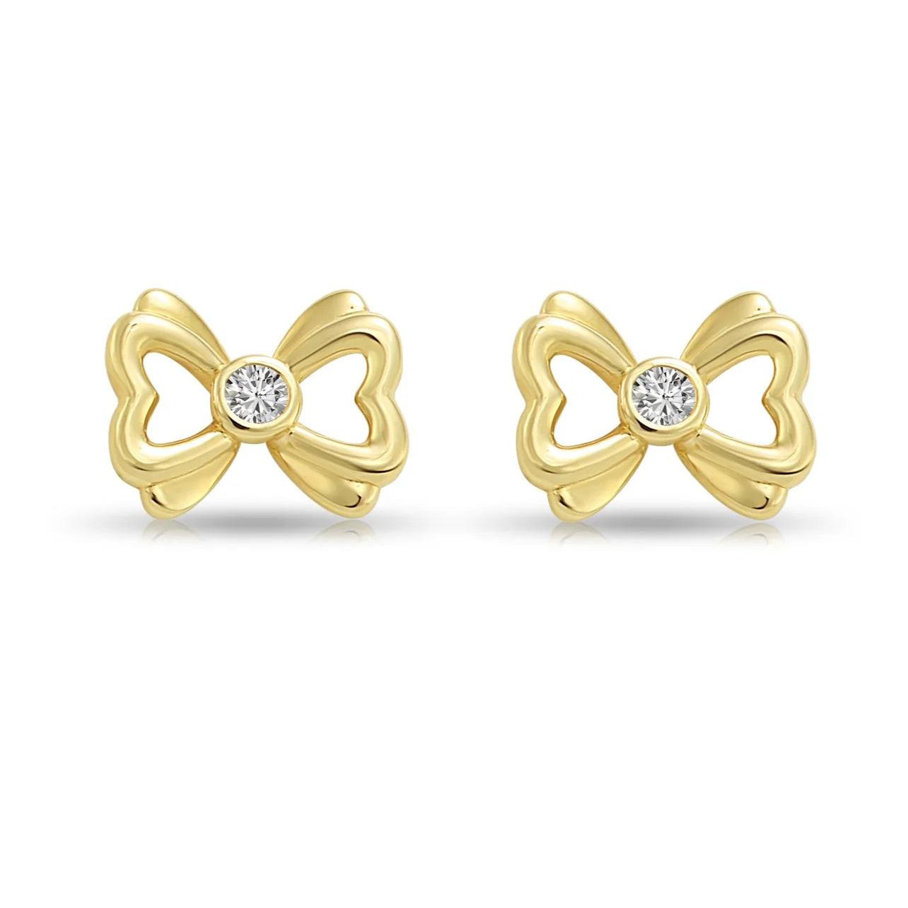Elegant 14K Solid Yellow Gold CZ Ribbon Bow Studs with Secure Screwback Design.