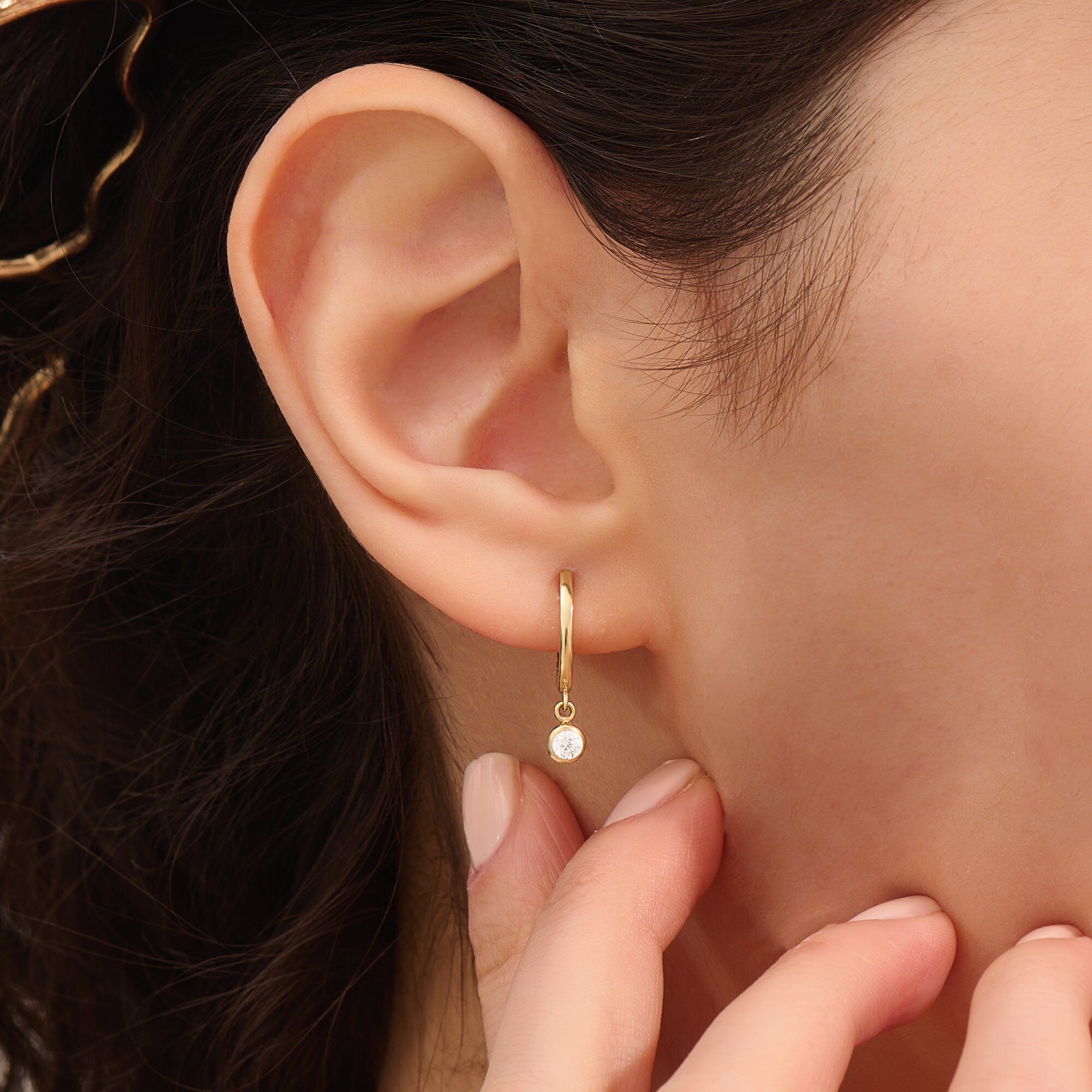 14K Solid Gold Diamond Drop Hoop Earrings, Dainty Bezel Diamond Charm Hoops, Huggie Drop Earrings for Women, Luxury Bridal Jewelry