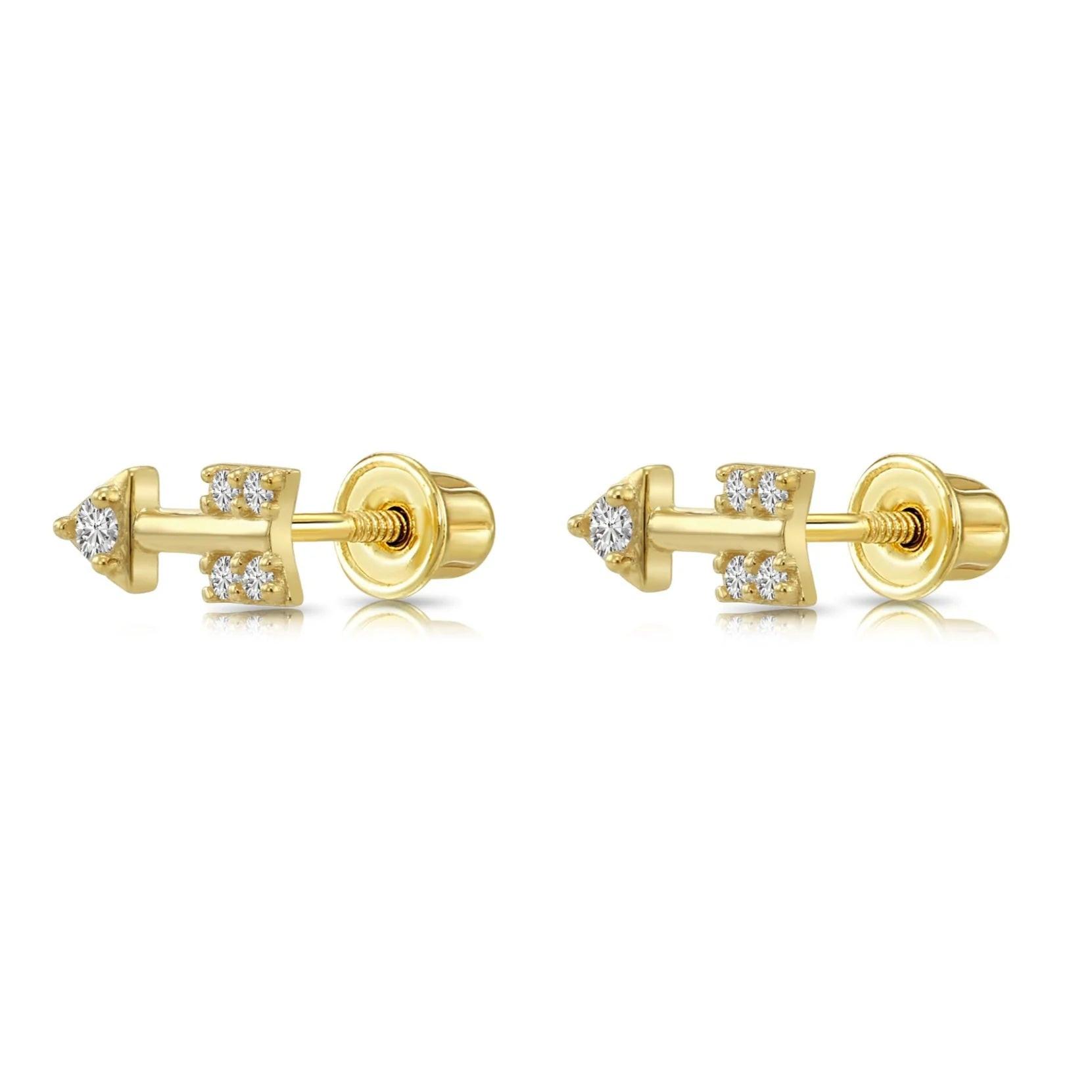 14K Solid Yellow Gold Tiny CZ Arrow Stud Earrings with Secure Screwback Closure.