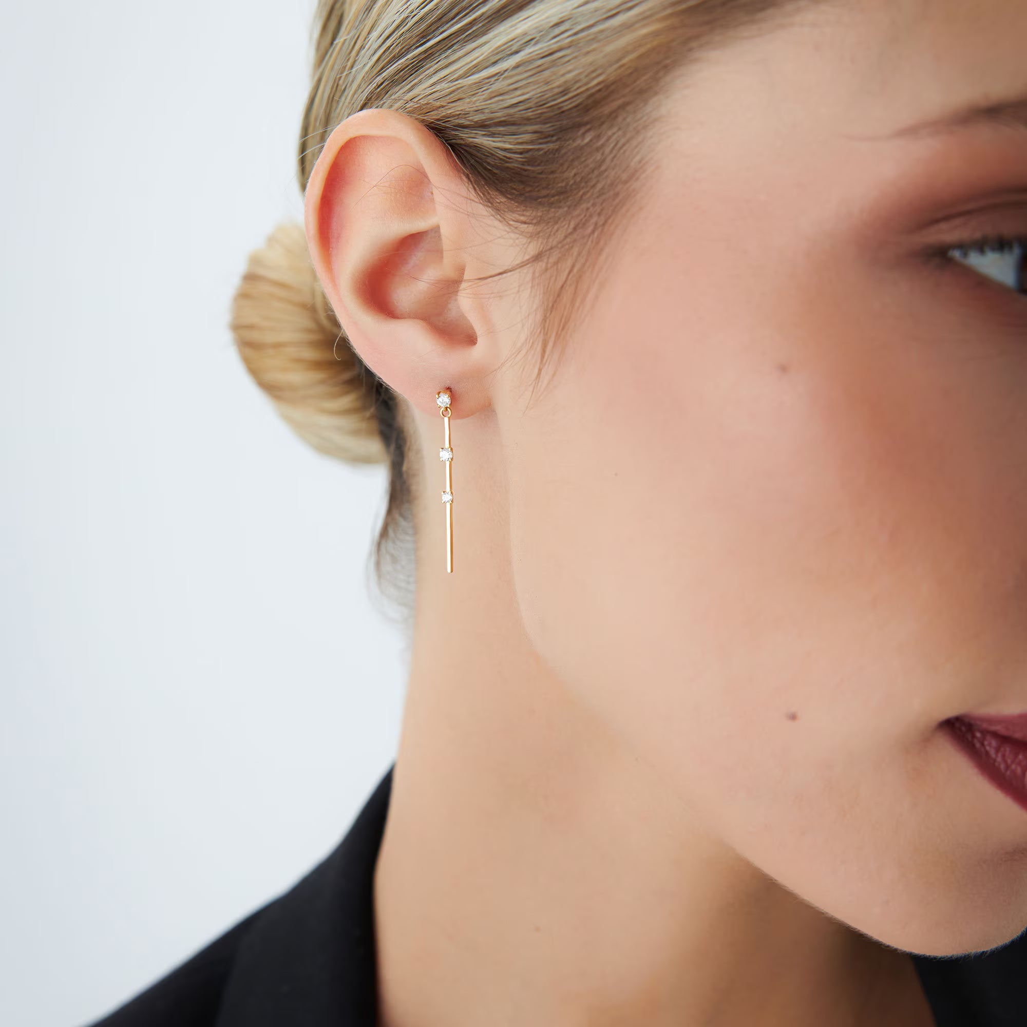 Gold Linear Bar Triple Diamond Drop Earrings, 14K Gold Bar Earrings, 0.28 Ctw Diamond Station Dangle Earrings, Trendy Earring Gift for Her