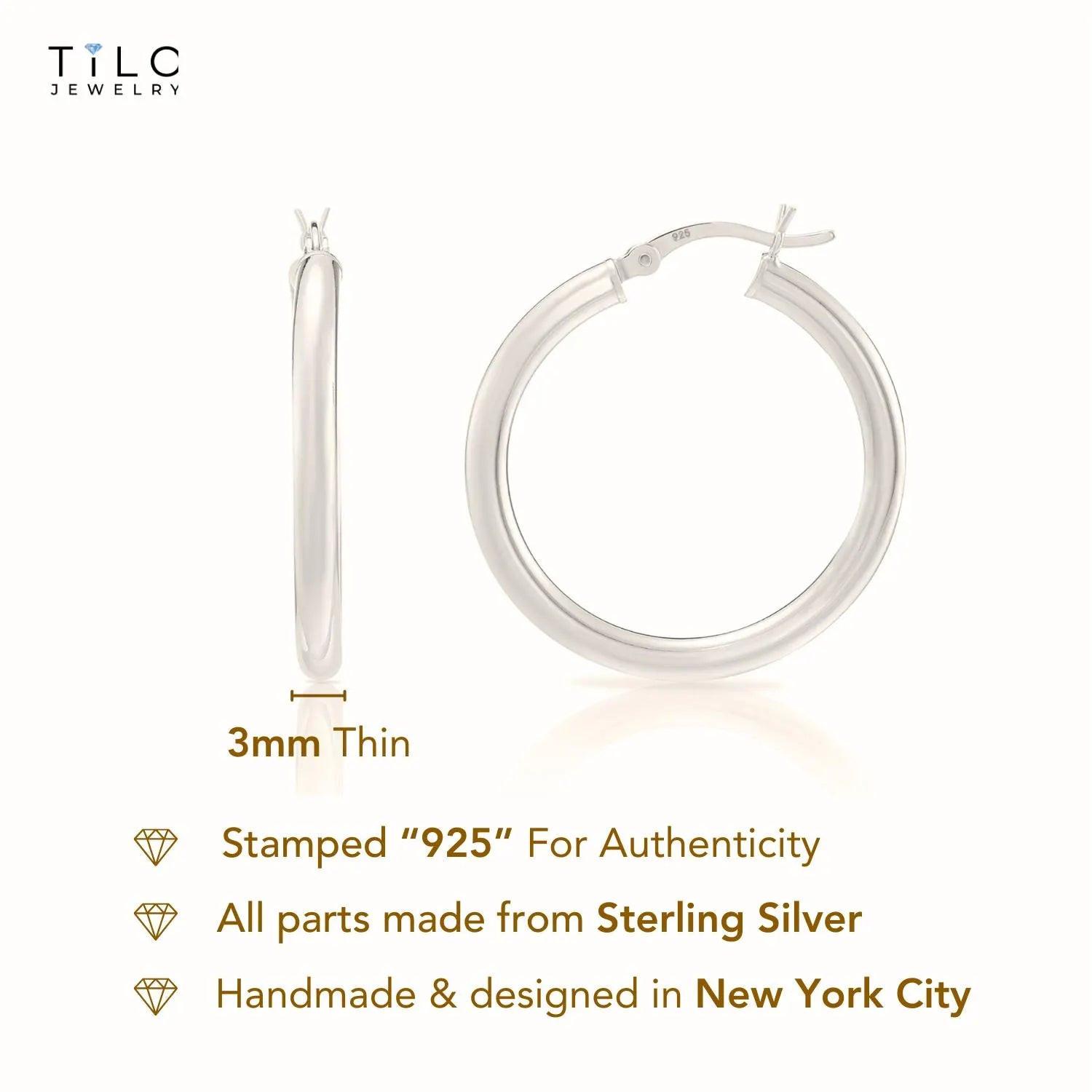 Classic 925 Sterling Silver Chunky Polished Hoop Earrings - 3mm Thin Shiny Elegance.