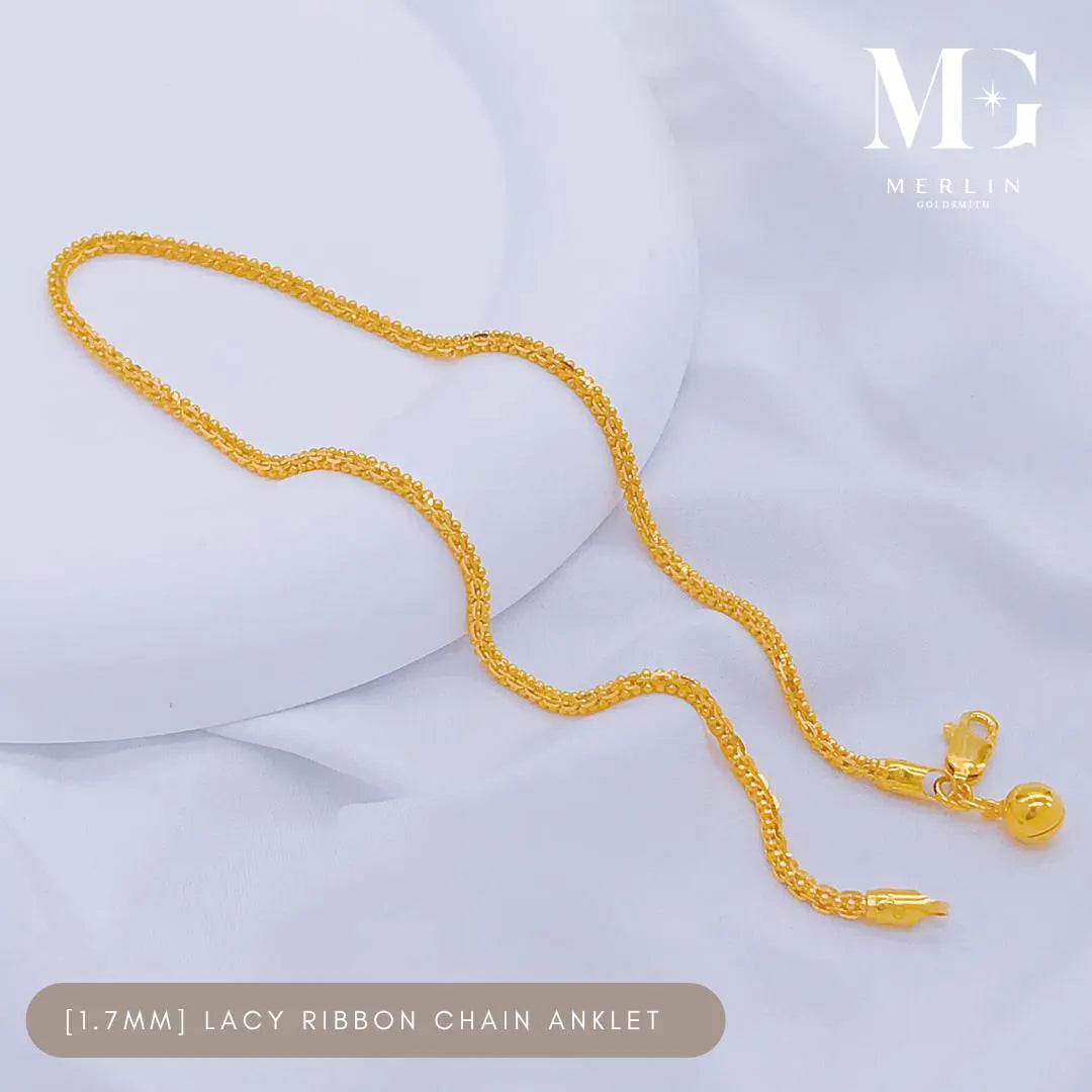 22K 916 Gold (1.7Mm) Lacy Ribbon Chain Anklet with Dangle Bell