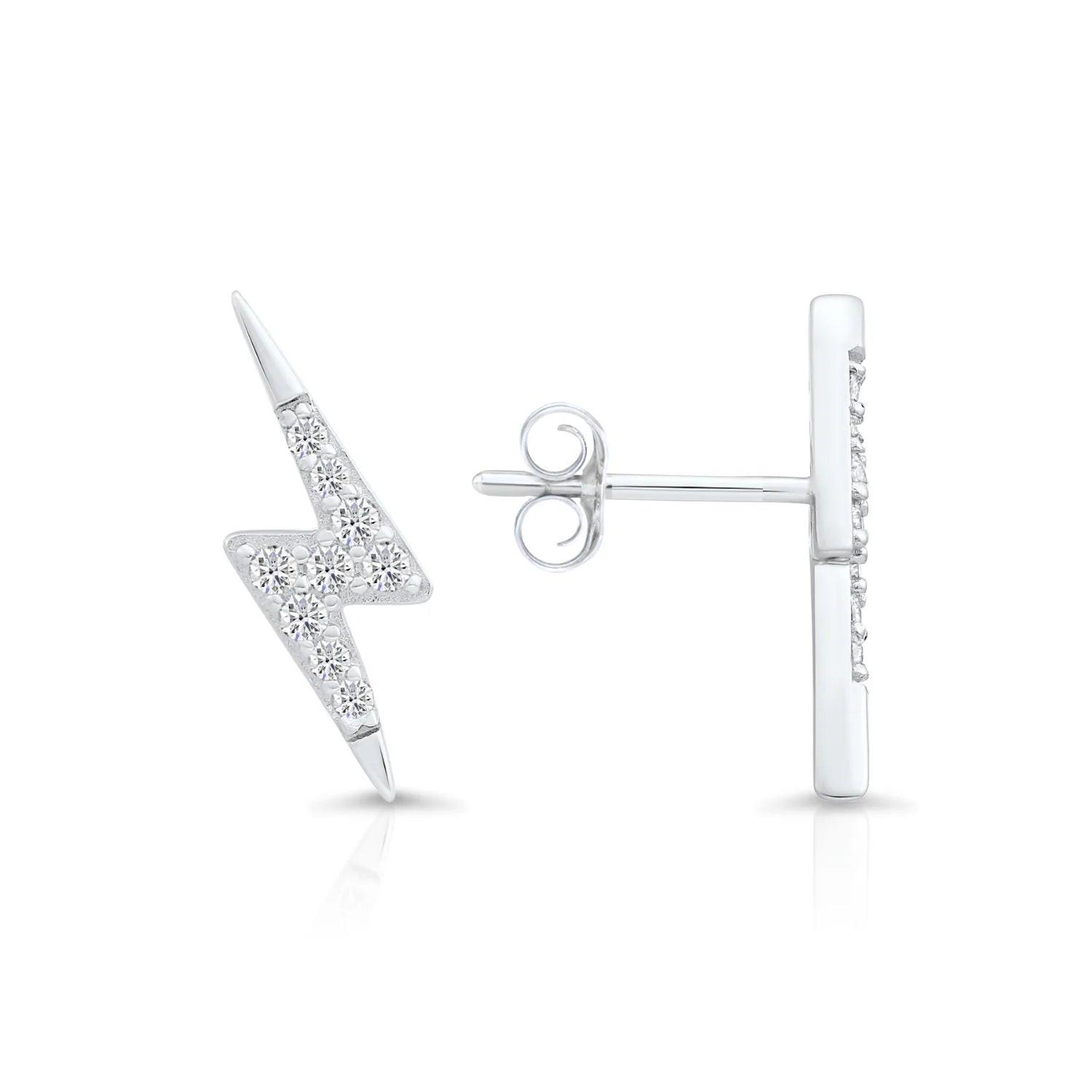 Sparkling Sterling Silver Lightning Bolt CZ Stud Earrings - Chic Pushback Design.
