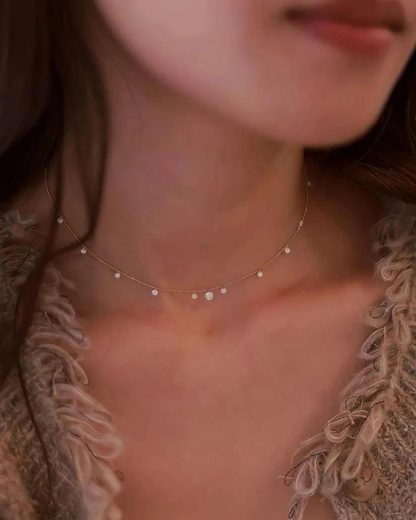 18K Solid Gold Diamond Station Necklace, Dainty Dangling Diamond Necklace, Minimal Drop Necklace, Everyday Wear Fine Jewelry Gift for Women.