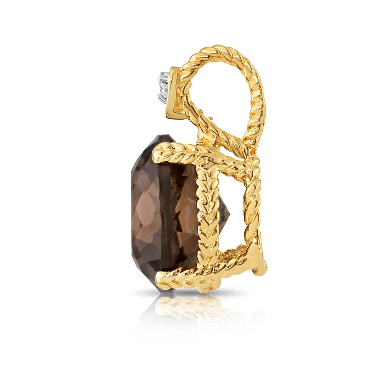 Elegant 14K Yellow Gold Smoky Quartz and Diamond Pendant Necklace.