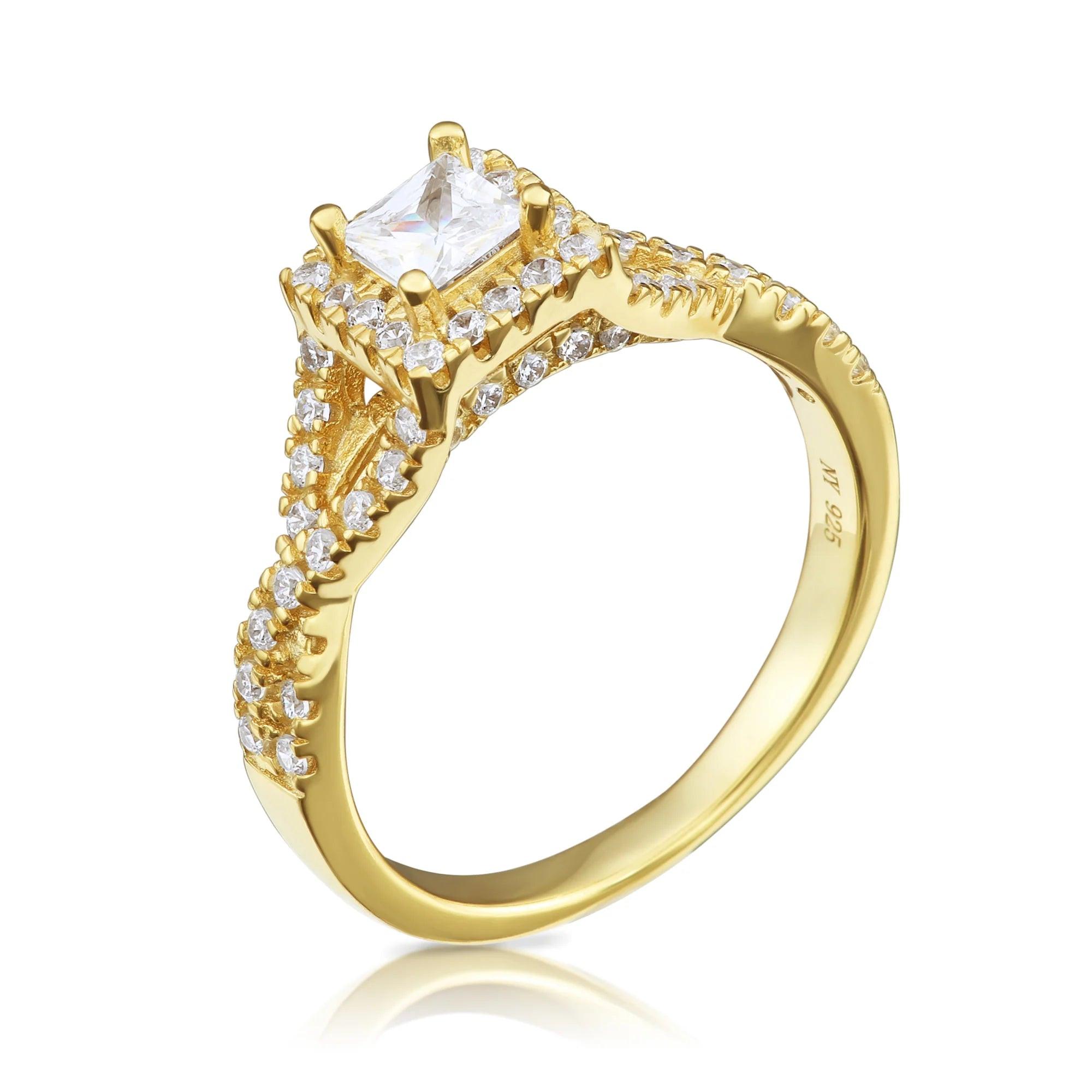 Exquisite CZ Princess Engagement Ring Set - Gold Plated Sterling Silver for Unforgettable Proposals, Weddings & Anniversaries.