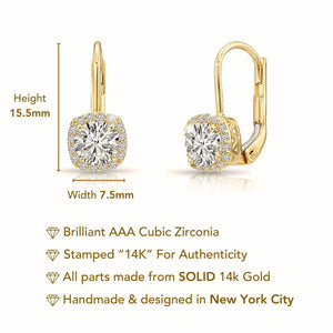 Stunning 14K Solid Gold Halo Cushion Drop Dangle Earrings with Secure Lever-Backs.