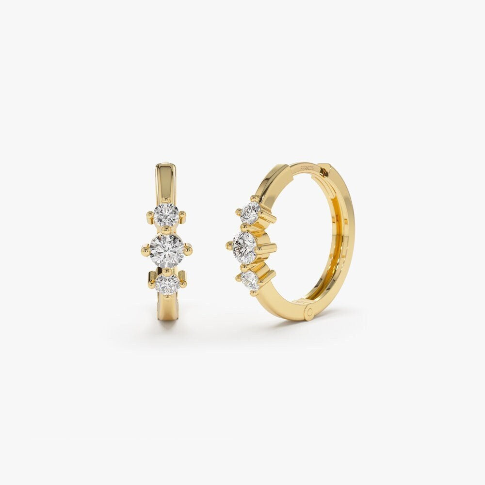 Tiny Hoop Earrings / 14K Solid Gold Three Stone Diamond Huggies / Diamond Gold Mini Hoops / Small Diamond Hoop Earrings Ferko'S Fine Jewelry