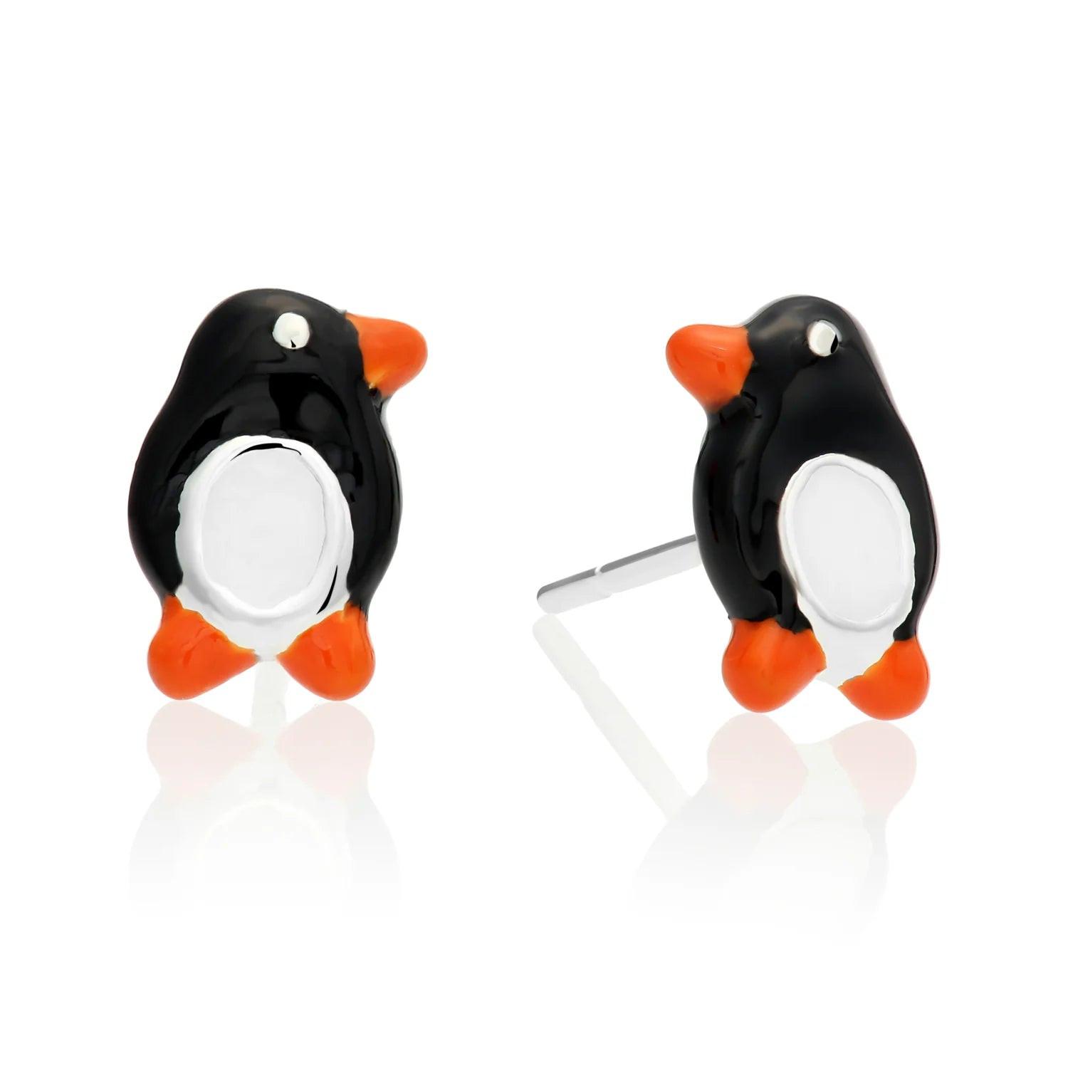 Adorable 925 Sterling Silver Penguin Enamel Stud Earrings - Pushback Design.