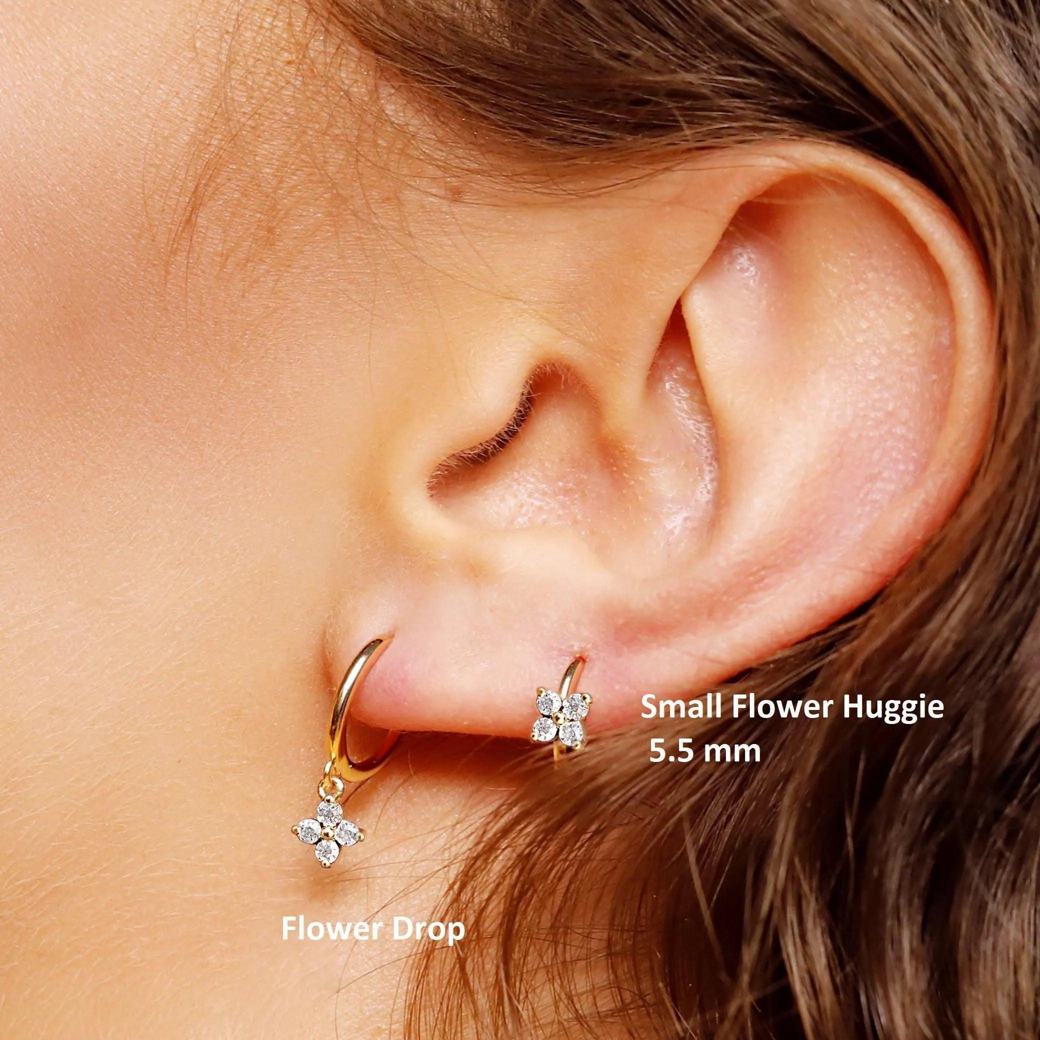 Minimalist 925 Sterling Silver Tiny Flower Huggie Hoop Earrings.