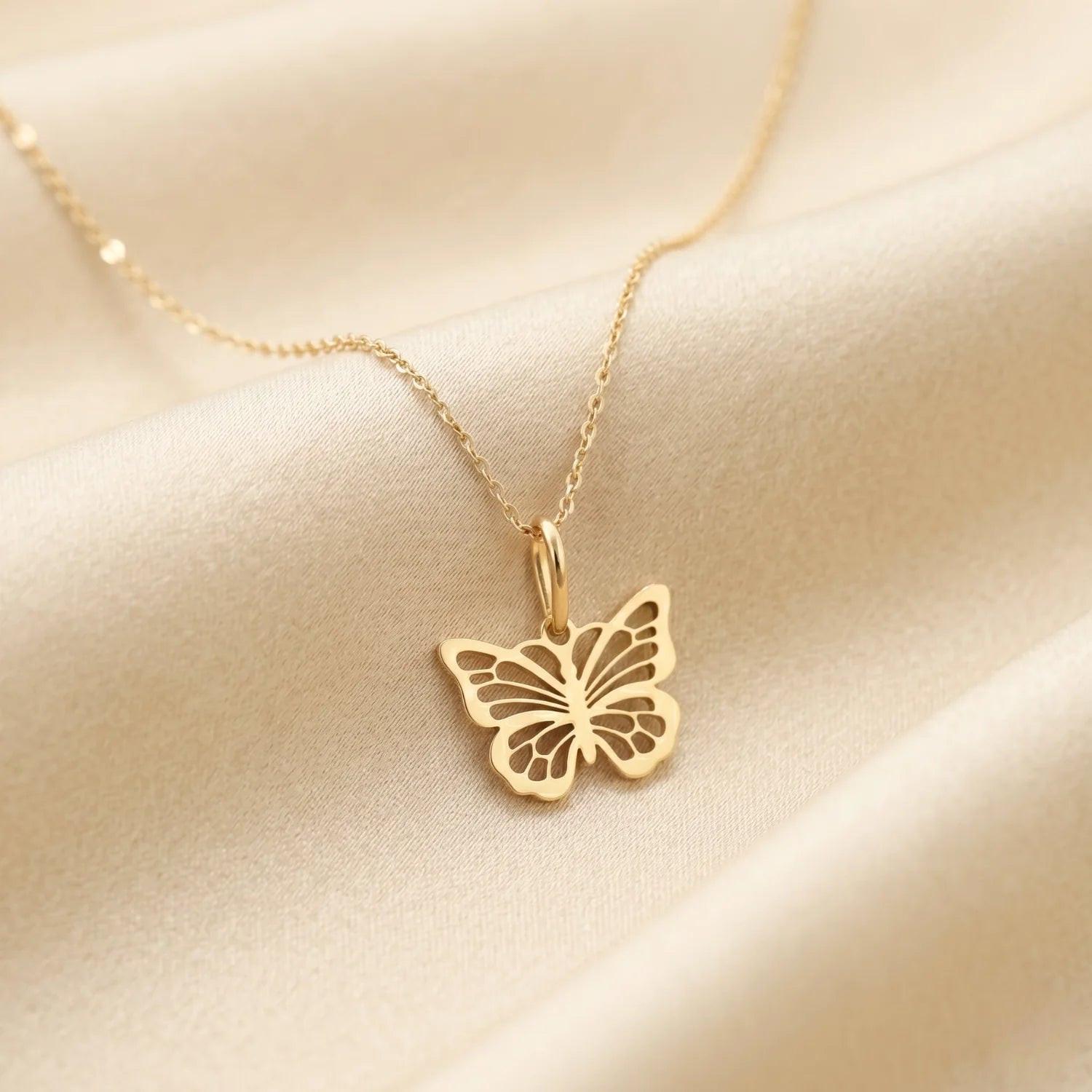 Elegant 14K Yellow Gold Butterfly Pendant Necklace - Graceful Charm for Every Occasion.