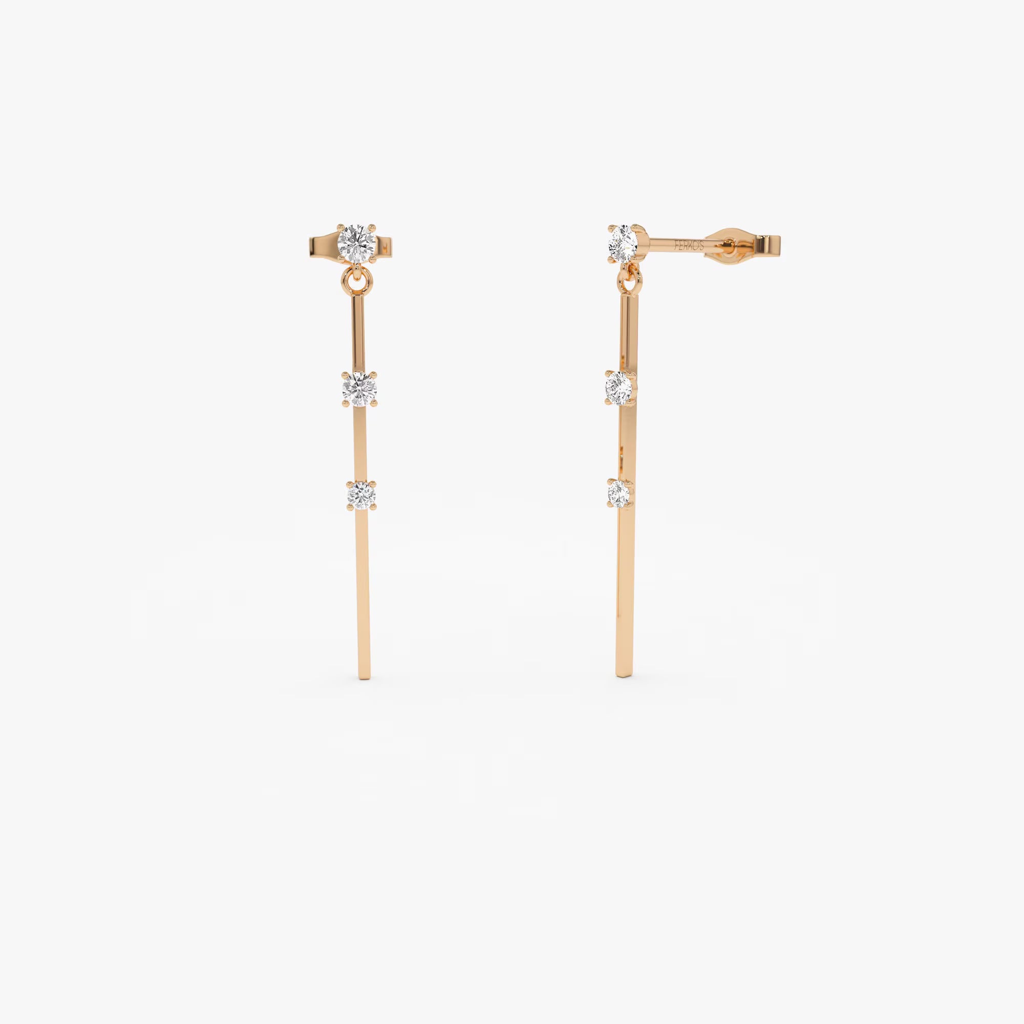 Gold Linear Bar Triple Diamond Drop Earrings, 14K Gold Bar Earrings, 0.28 Ctw Diamond Station Dangle Earrings, Trendy Earring Gift for Her