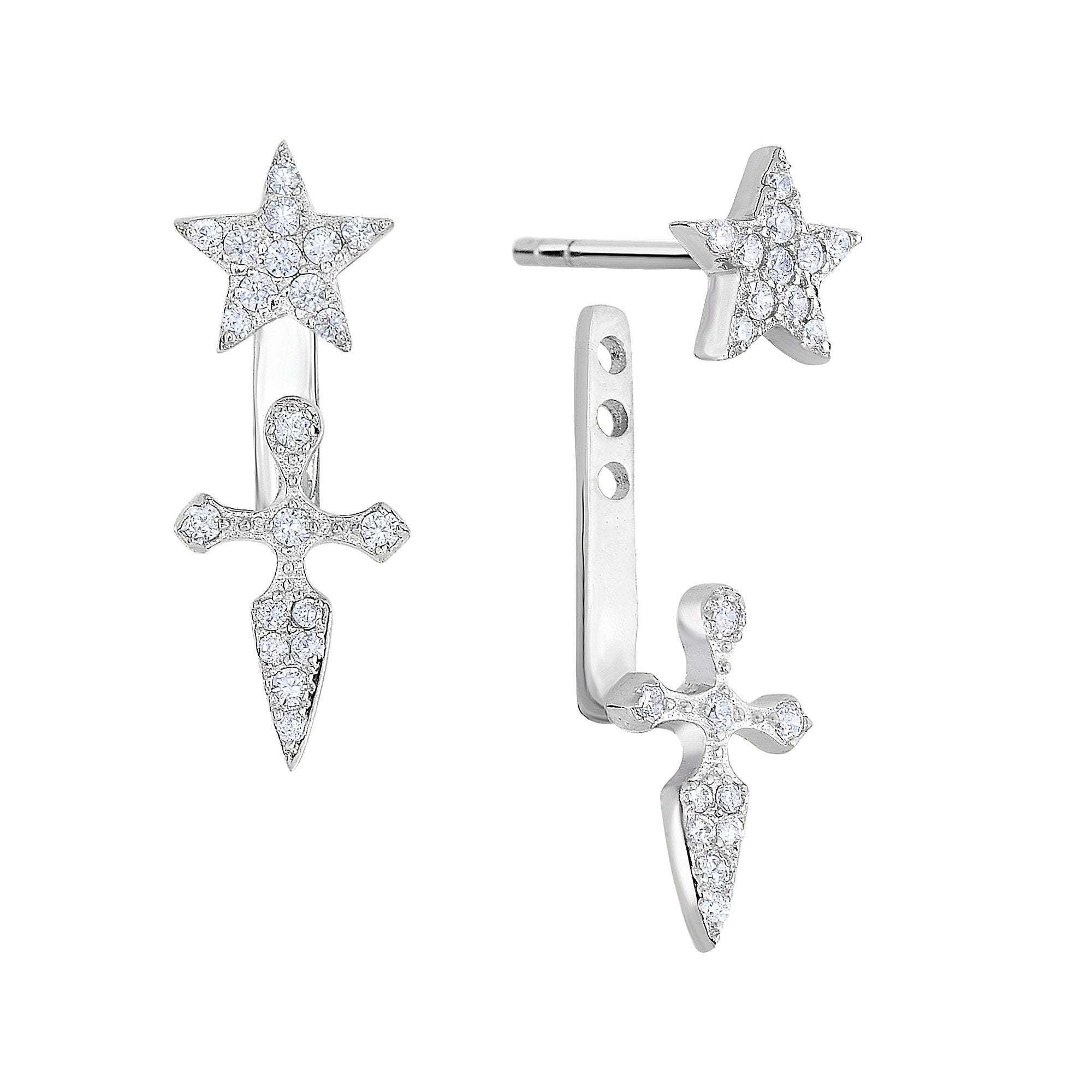 Stunning Sterling Silver CZ Ear Jacket Double Star & Cross Stud Earrings.