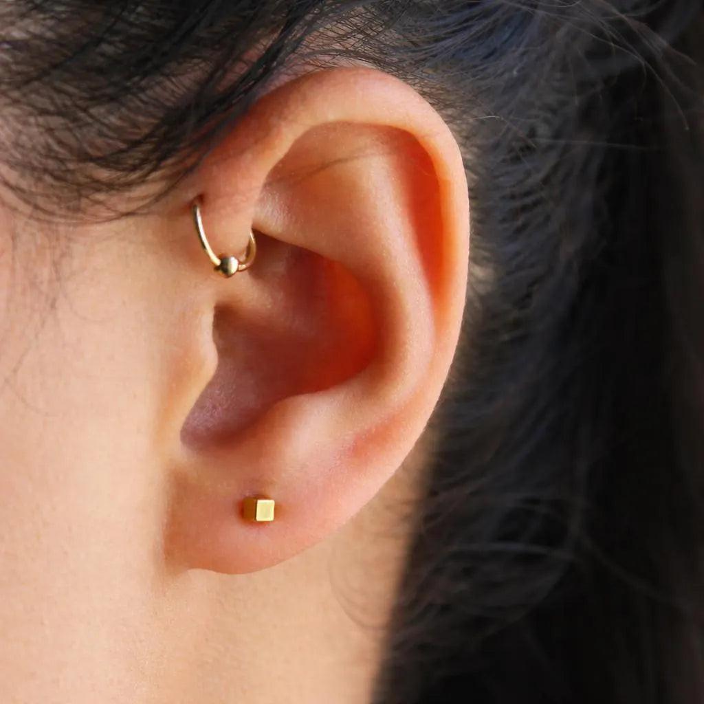 Stunning 14K Gold Cube Stud Earrings - Tiny Geometric Minimalist Jewelry for Effortless Elegance.