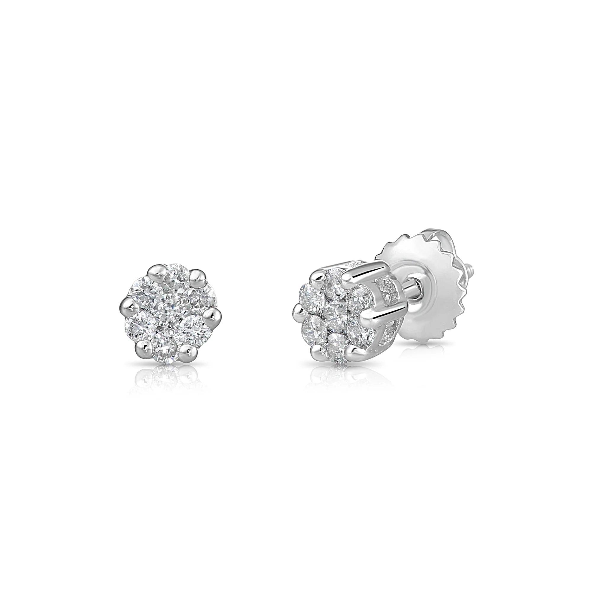 Stunning 14K White Gold 0.25 Carat Diamond Cluster Screw-Back Stud Earrings.