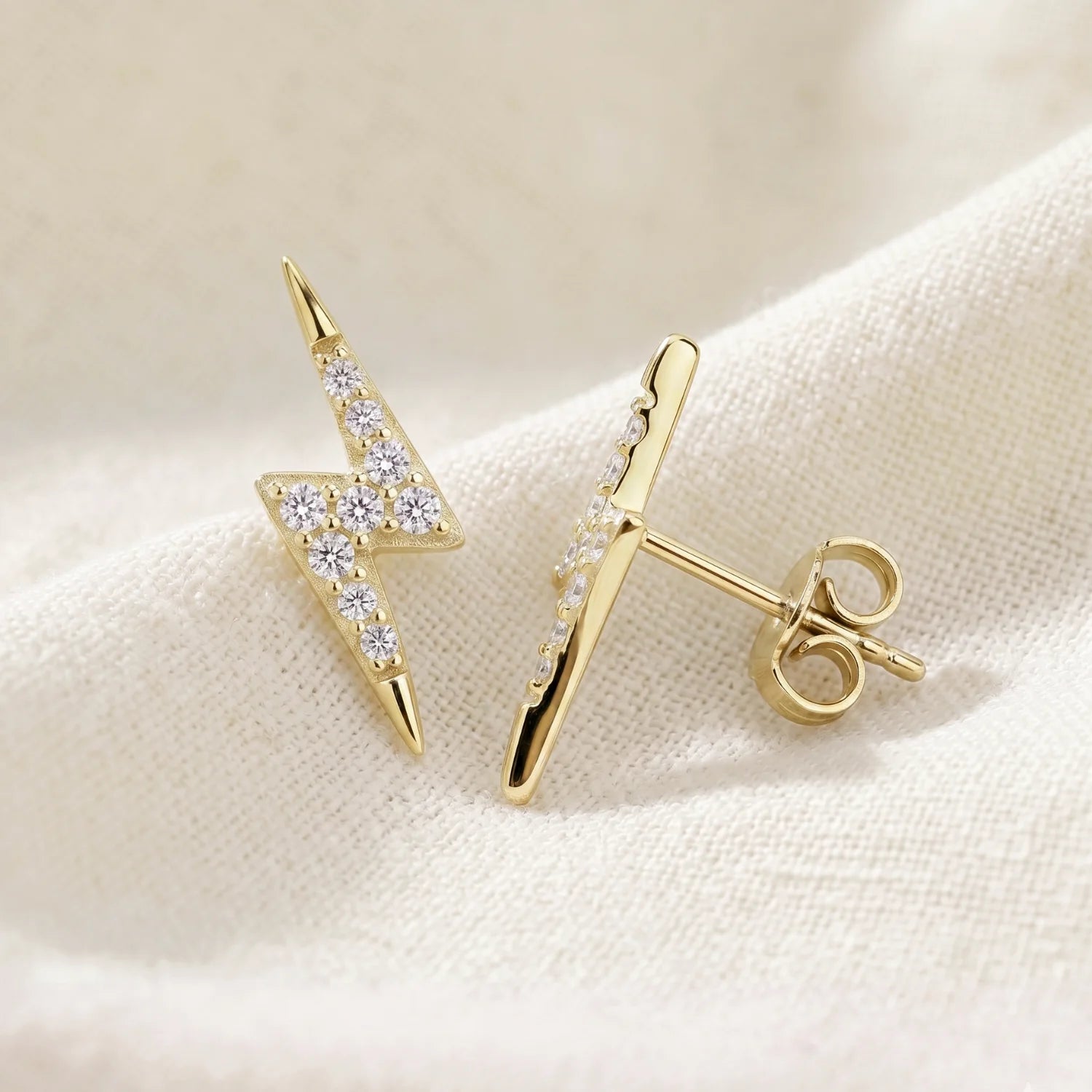 Sterling Silver Gold Plated Lightning Bolt CZ Stud Earrings, Pushback