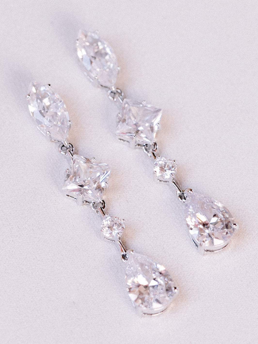 Tear Drop Wedding Jewelry, Square Diamond Dangle Earring, Oval Shape CZ, round Gem Earring, CZ Bride Earring, Silver Bridal Earring, Pear