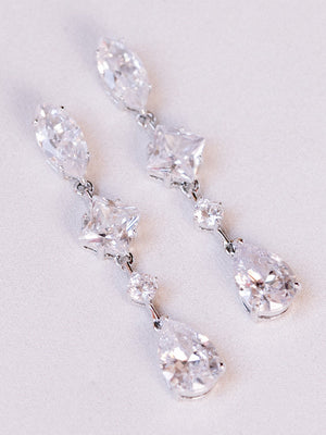 Tear Drop Wedding Jewelry, Square Diamond Dangle Earring, Oval Shape CZ, round Gem Earring, CZ Bride Earring, Silver Bridal Earring, Pear