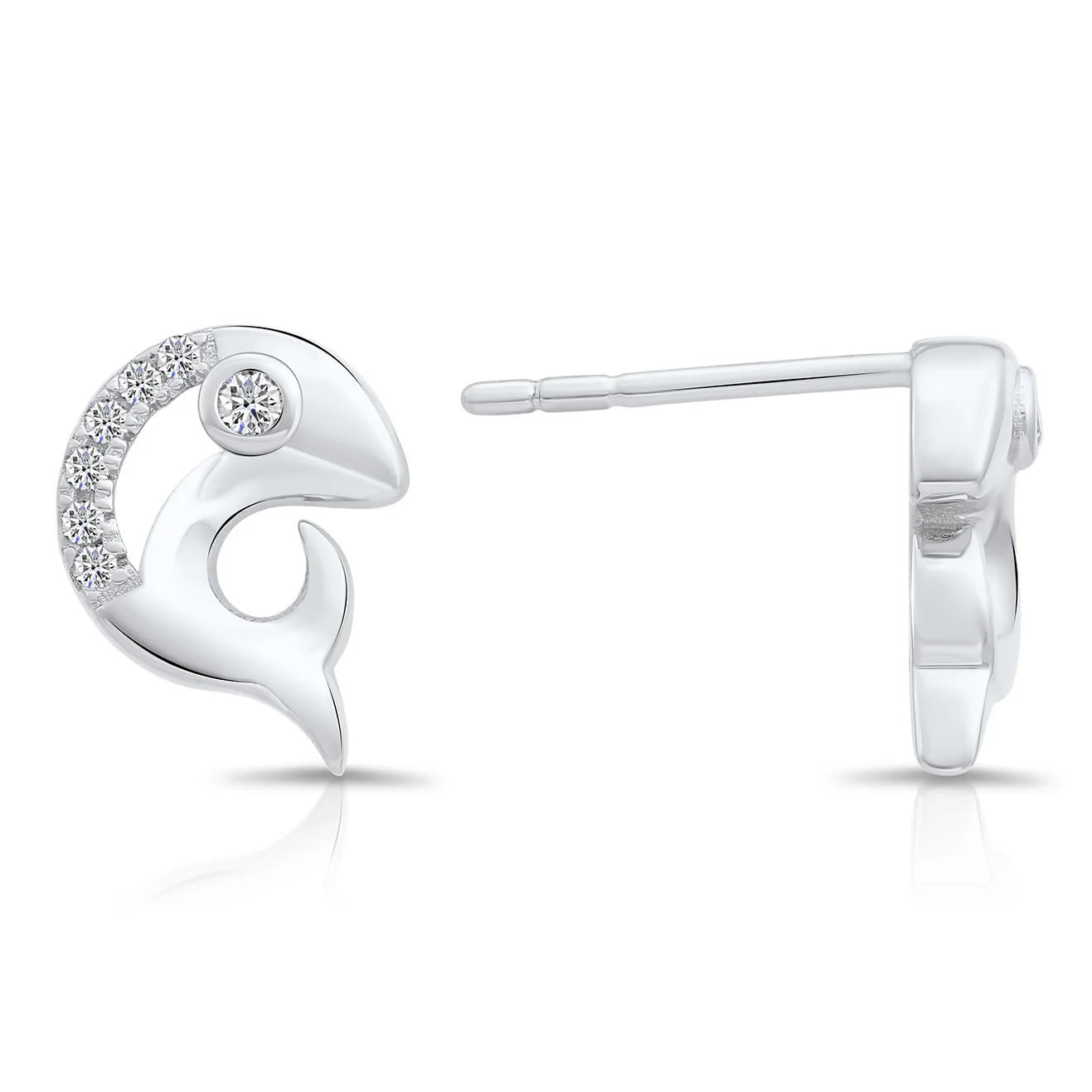 CZ Small Fish Stud Earrings in Sterling Silver