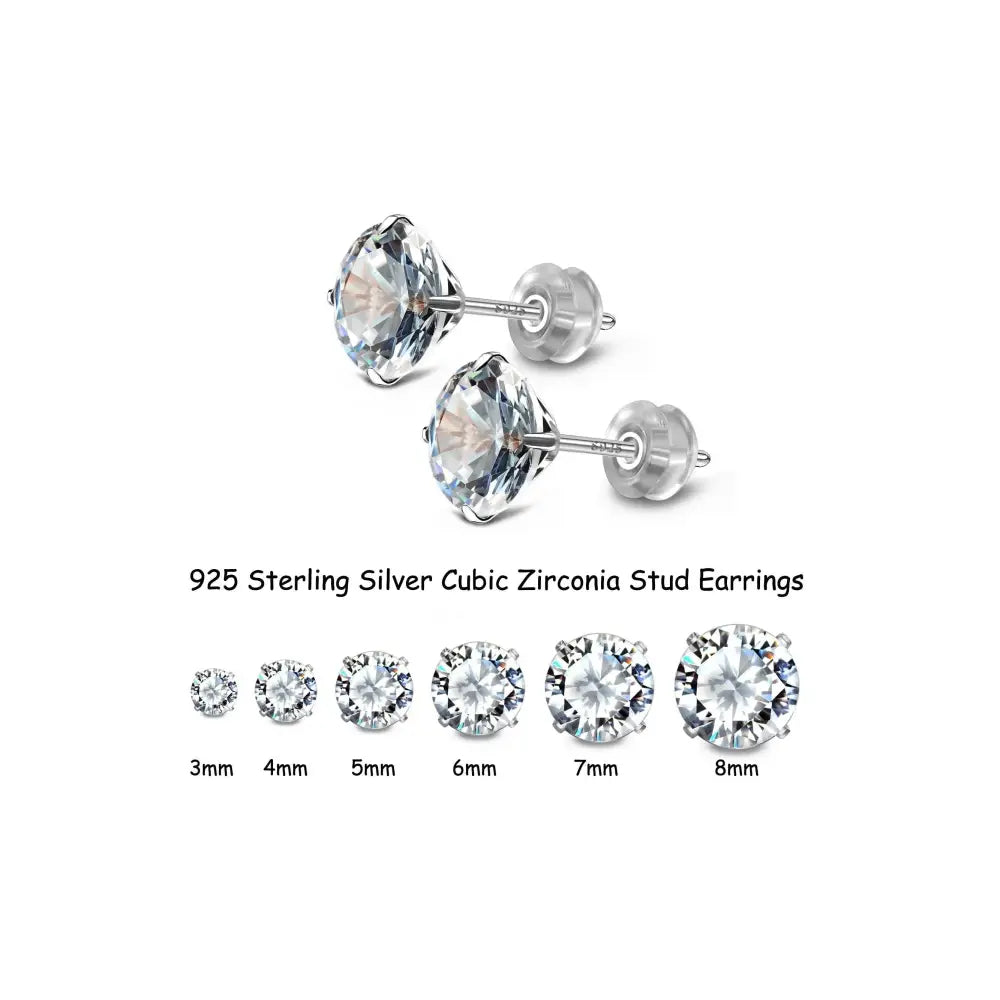 925 Sterling Silver Clear round Cubic Zirconia Stud Earrings 4 Prong Setting 3Mm 4Mm 5Mm 6Mm 7Mm 8Mm Tiny Large CZ Earrings