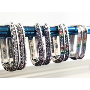 925 Sterling Silver Cubic Zirconia Hoop Earrings: Geometric U-Shape Huggies • A84