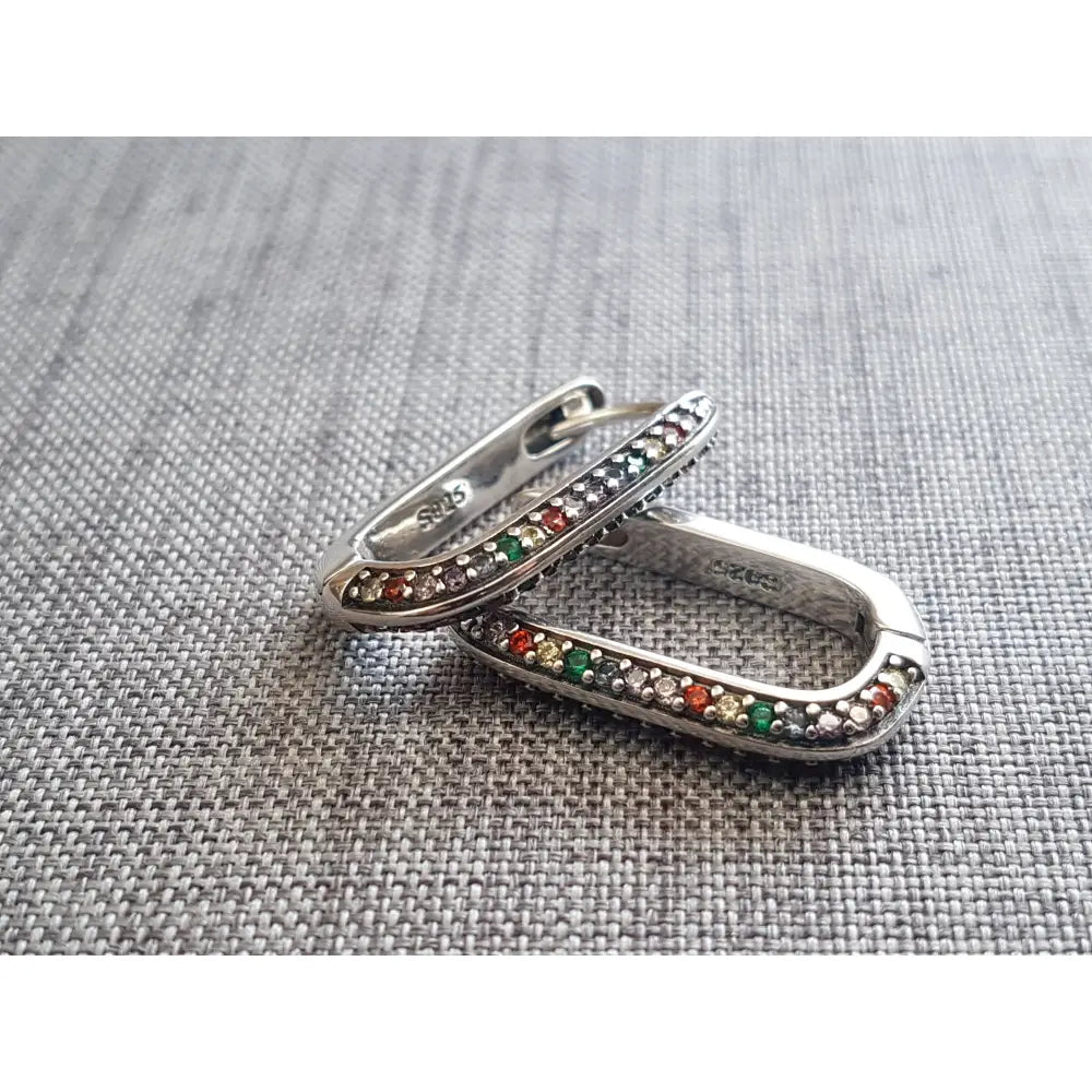 925 Sterling Silver Cubic Zirconia Hoop Earrings: Geometric U-Shape Huggies • A84