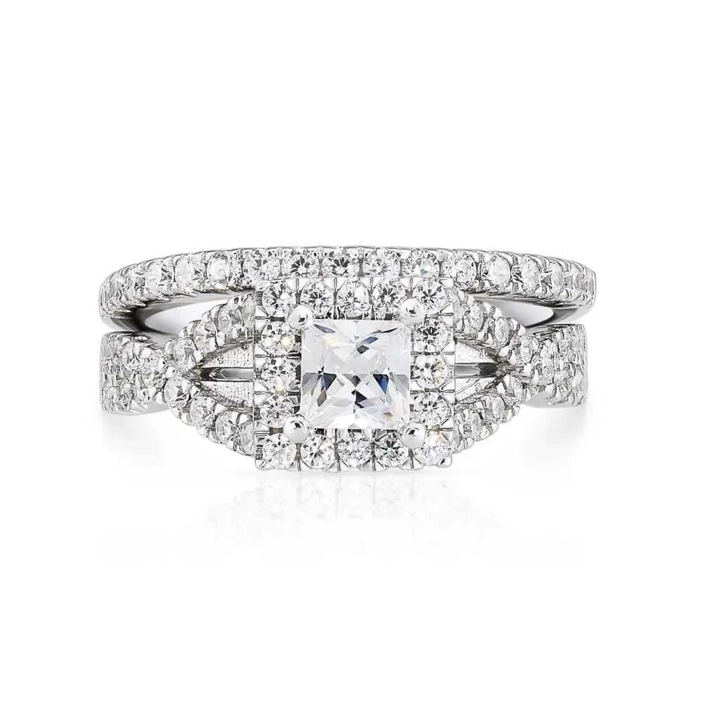 925 Sterling Silver Engagement Ring Set, 2 Carat Total, Princess Square-Cut Cubic Zirconia Ring with Halo Setting, Two Tier Stackable Ring
