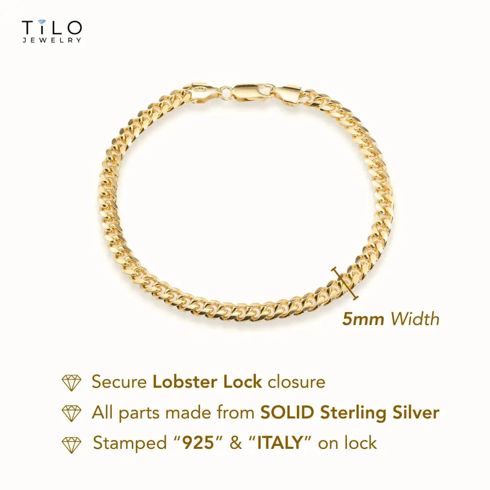 925 Sterling Silver Gold Plated Miami Cuban Link Bracelet, 5Mm Thick