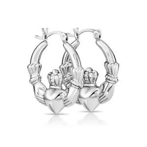 925 Sterling Silver Heart Crown Claddagh Hoop Earrings - Irish Friendship & Love Design.