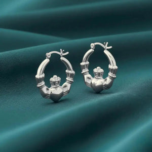 925 Sterling Silver Heart Crown Claddagh Hoop Earrings - Irish Friendship & Love Design.