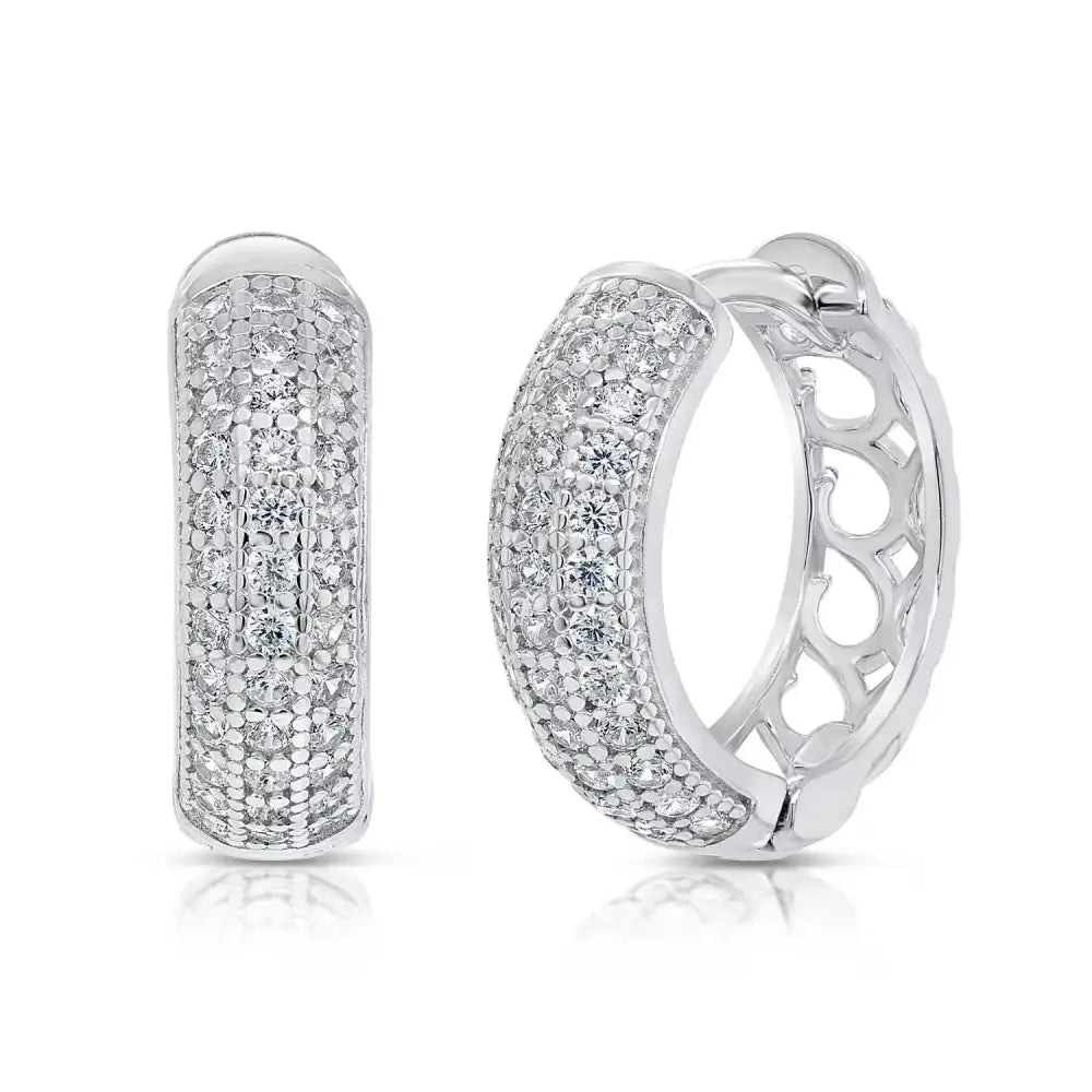 925 Sterling Silver Pave CZ Huggies Hoop Earrings, 15Mm Height, Small Silver Huggie Earrings, Made by TILO Jewelry