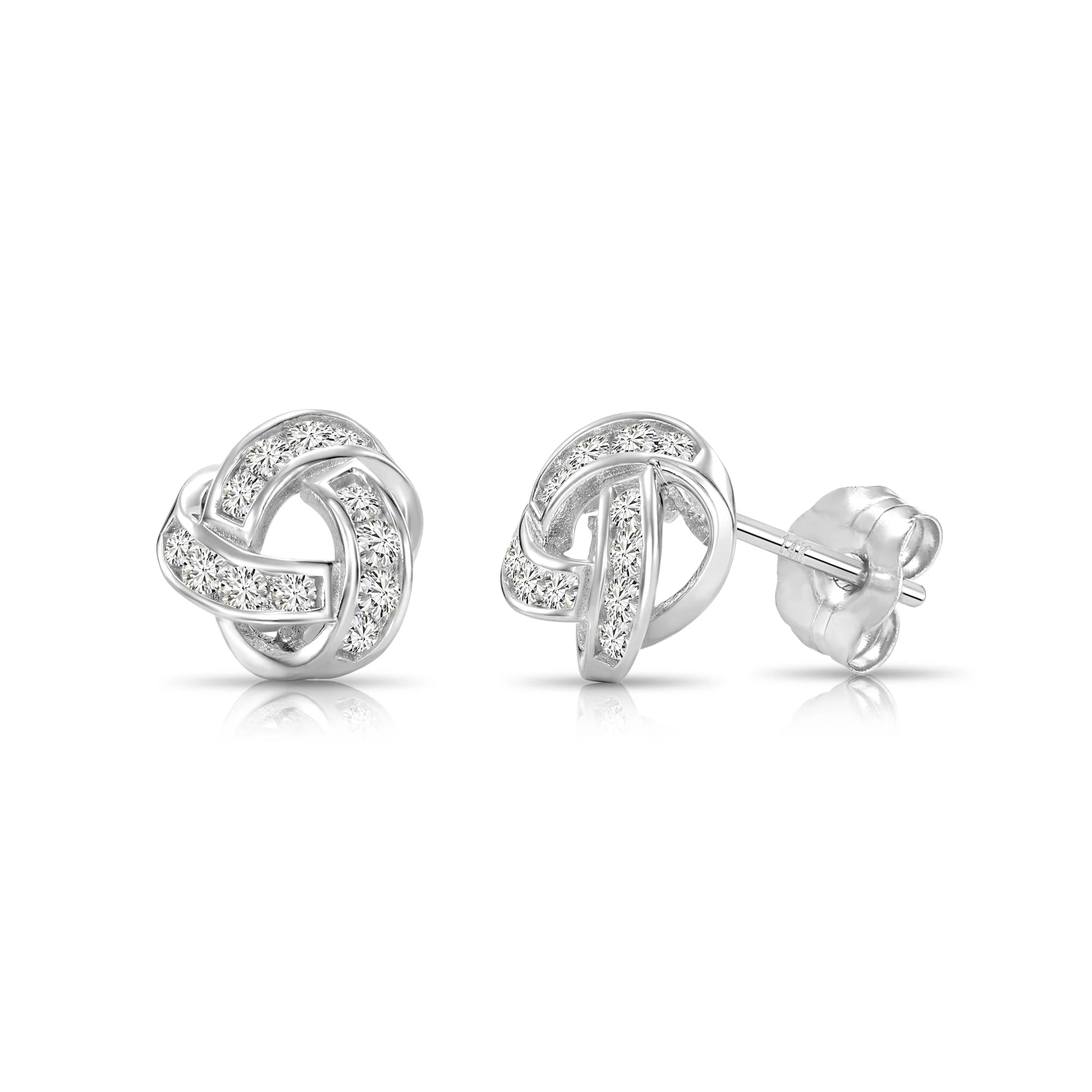 Solid 14K Gold Brilliant CZ Love Knot Twist Studs, 7Mm, with Pushbacks