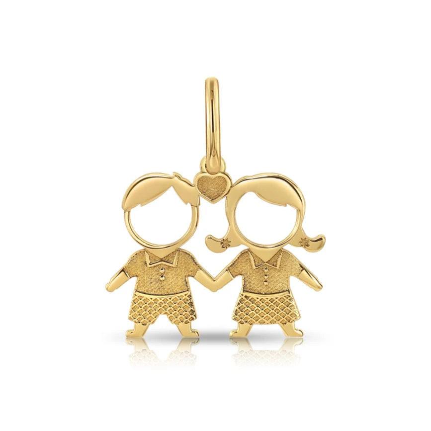 Stunning 14K Yellow Gold Heart Pendant Necklace Featuring Adorable Boy & Girl Design.