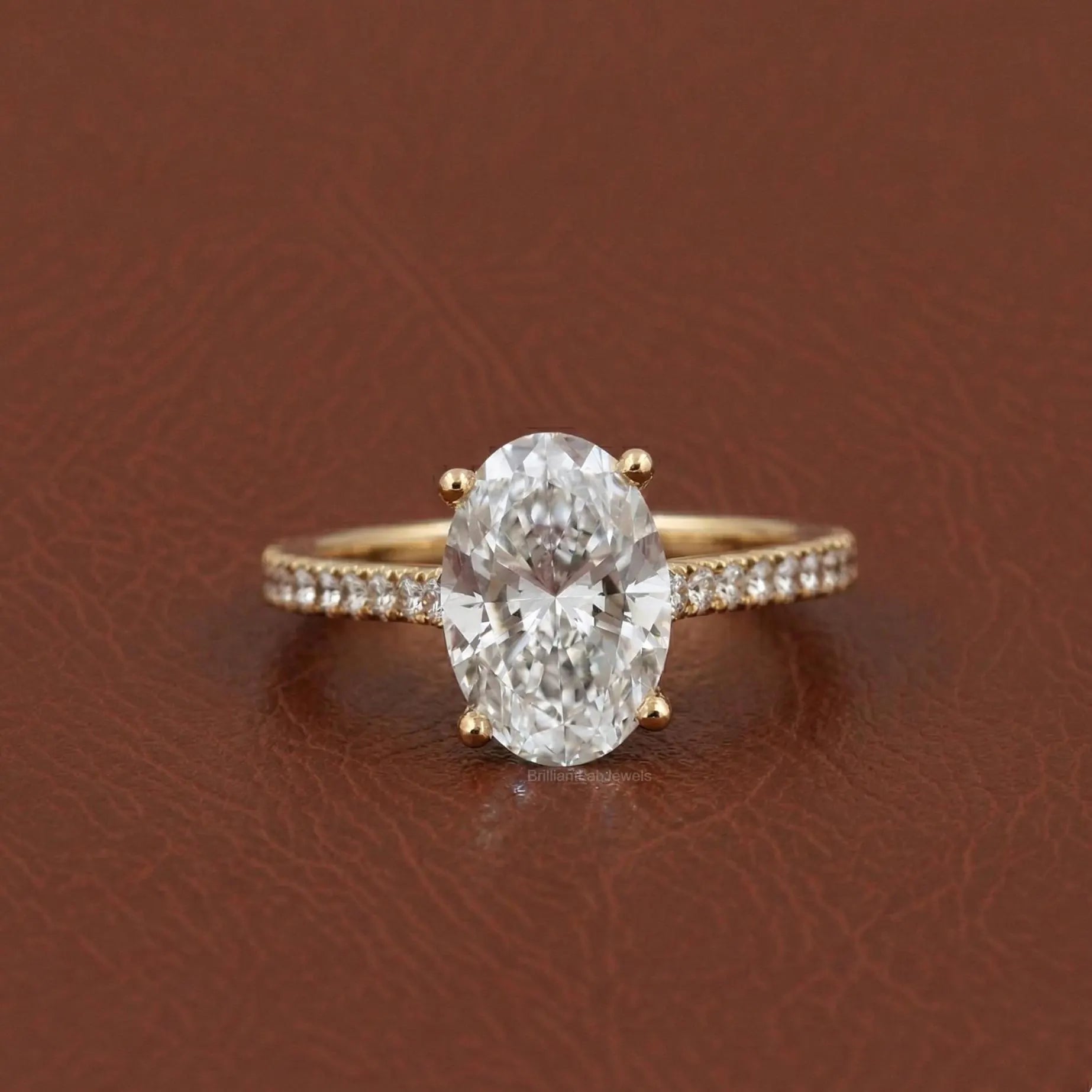 Oval Cut Engagement Ring, Lab Grown Diamond Solitaire Accent Ring, 14K Yellow Gold Bridal Ring, Propose Ring for Love, 3 Carat Oval Ring