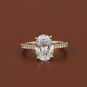 Oval Cut Engagement Ring, Lab Grown Diamond Solitaire Accent Ring, 14K Yellow Gold Bridal Ring, Propose Ring for Love, 3 Carat Oval Ring