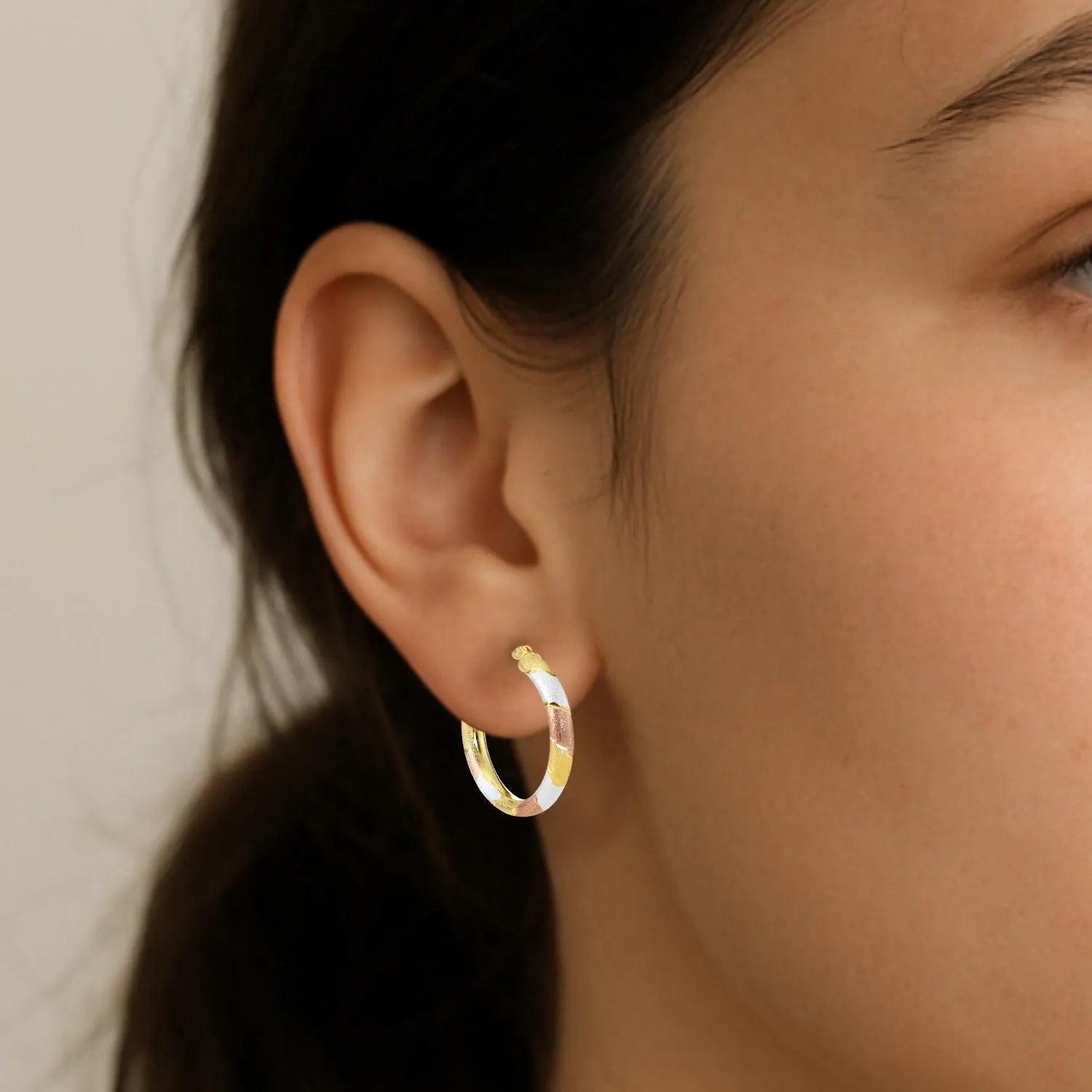 Trendy Tricolor Sterling Silver Diamond-Cut Hoop Earrings - 1 Inch Textured Sparkle Design.