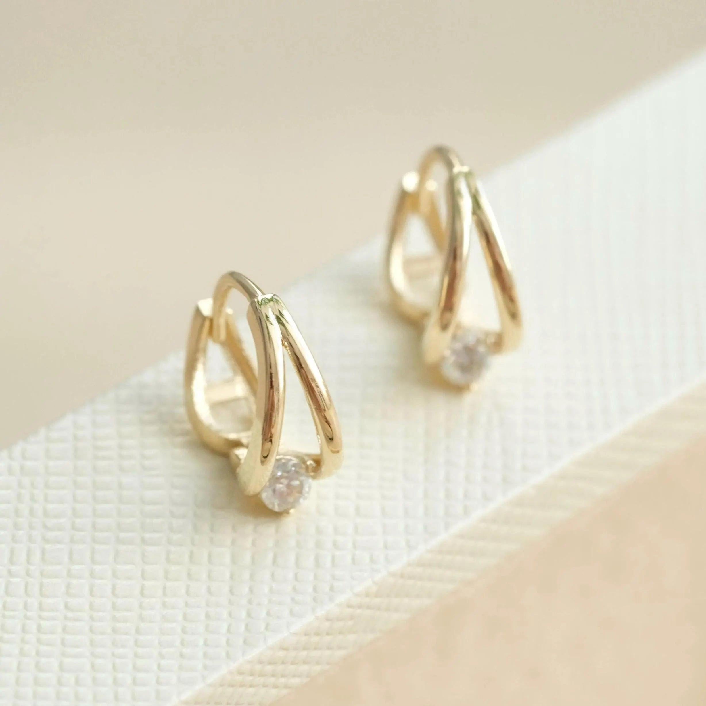 14K Solid Gold Double Circle Crystal Huggie Hoop Earrings - Elegant & Dainty for Everyday Glamour.