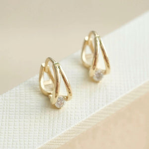 14K Solid Gold Double Circle Crystal Huggie Hoop Earrings - Elegant & Dainty for Everyday Glamour.