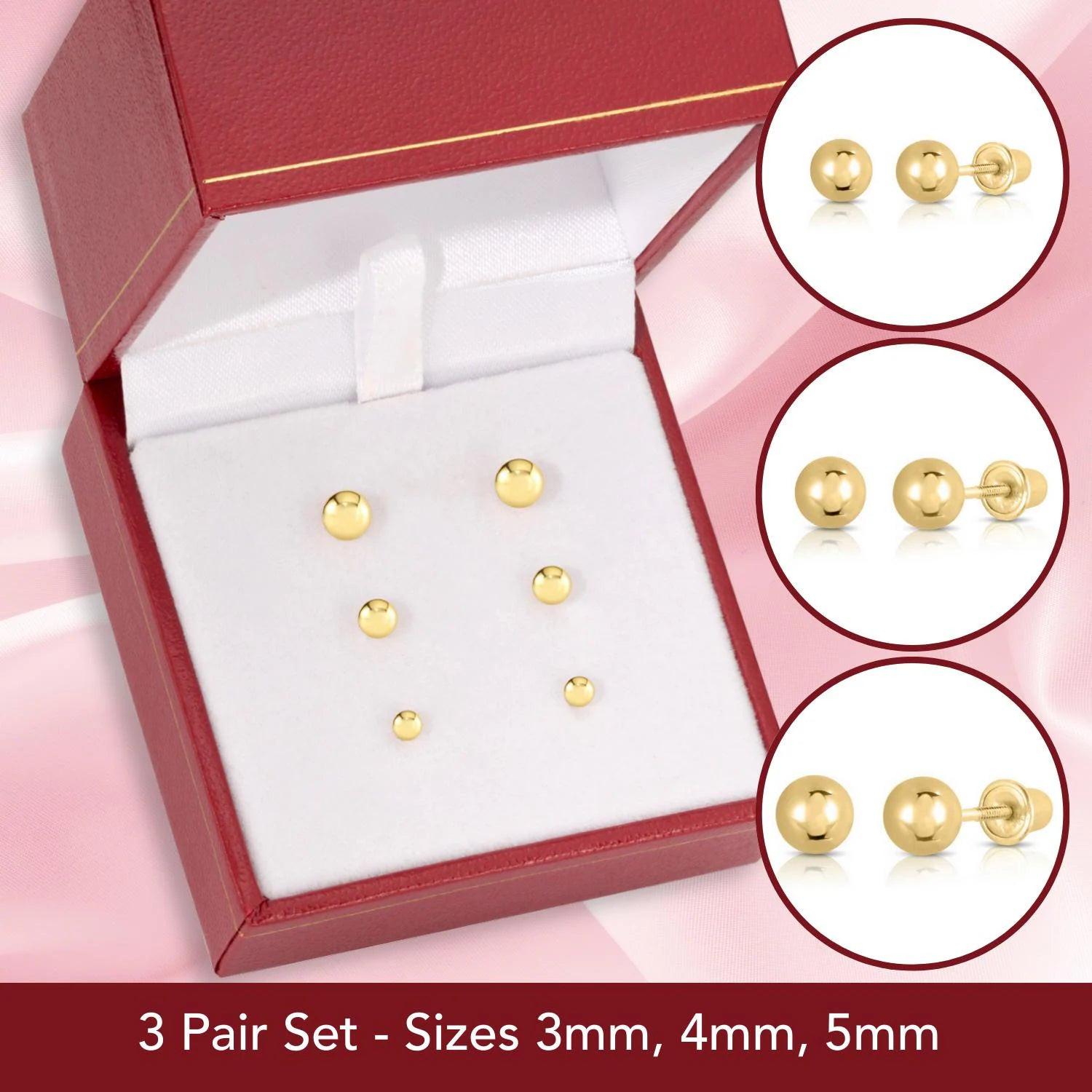 Stylish Set of 3 Unisex 14K Yellow and White Gold Ball Stud Earrings with Secure Screwbacks.