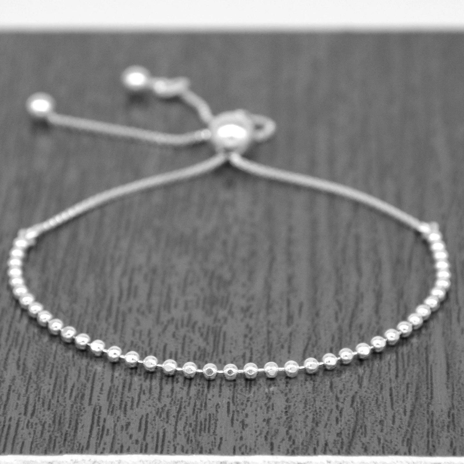 Elegant Sterling Silver Adjustable Minimalist Slider Bracelet with 2mm Beads for Women.