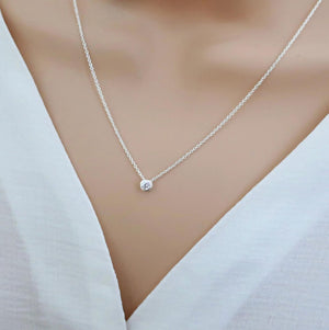 Cz Diamond Solitaire Crystal Necklace Sterling Silver, Bridesmaid Necklace Jewellery Gift, Tiny Cz Cubic Zirconia Wedding Necklace Jewellery