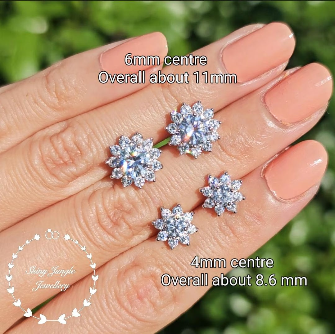 Diamond Stud Earrings, Flower Halo Diamond Simulant Studs, 14K White Gold and Rose Gold Plated Sterling Silver, Christmas Gift with Box