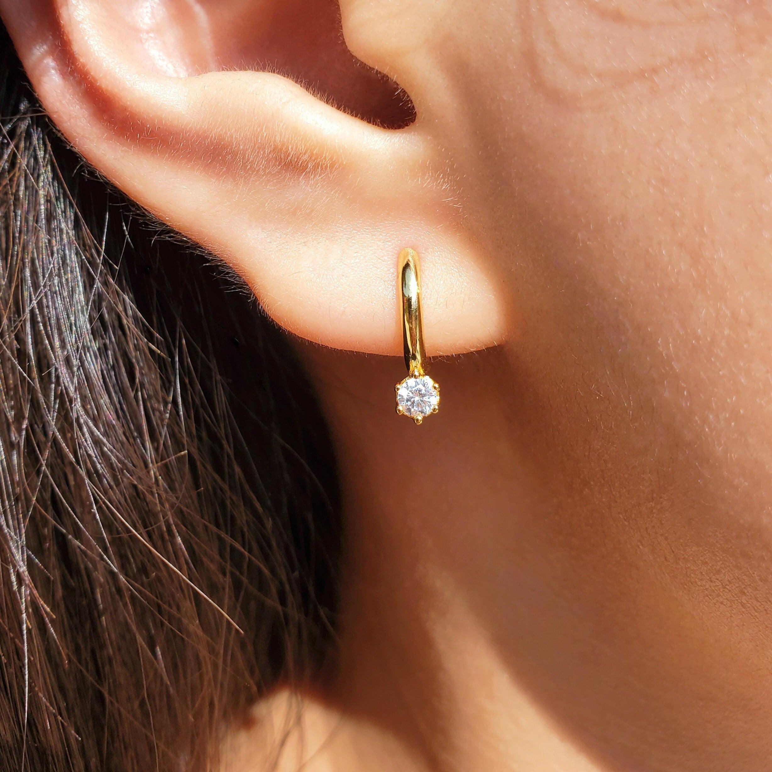 14K Gold Dainty CZ Diamond Huggie Hoop Earrings - Minimalist Everyday Wedding Jewelry.