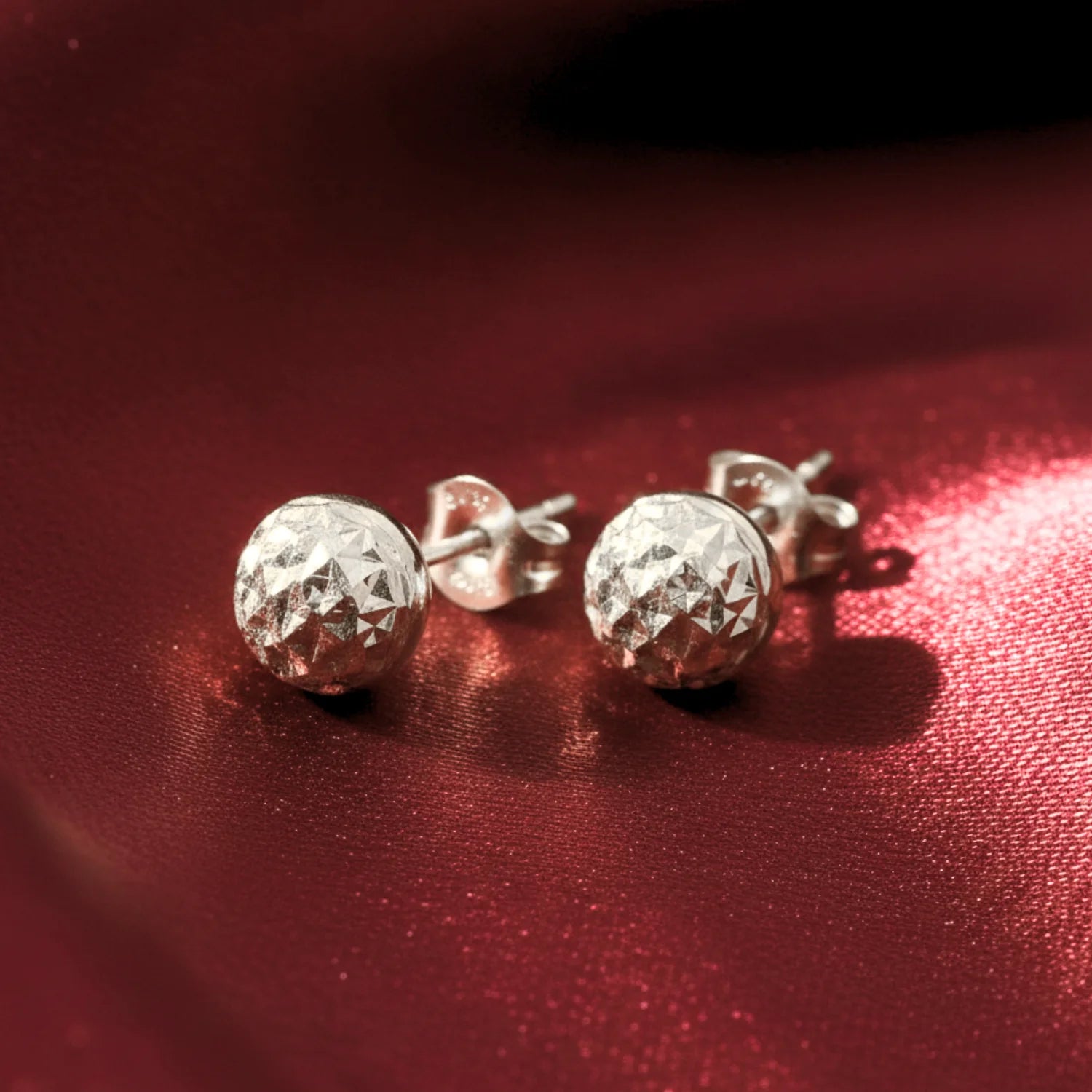 14K White Gold Sparkle Ball Stud Earrings, Hand Engraved Diamond-Cuts