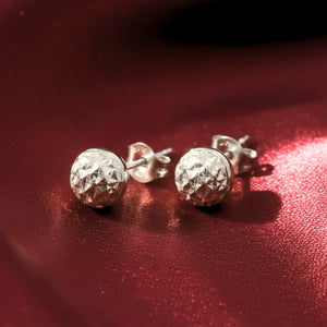14K White Gold Sparkle Ball Stud Earrings, Hand Engraved Diamond-Cuts